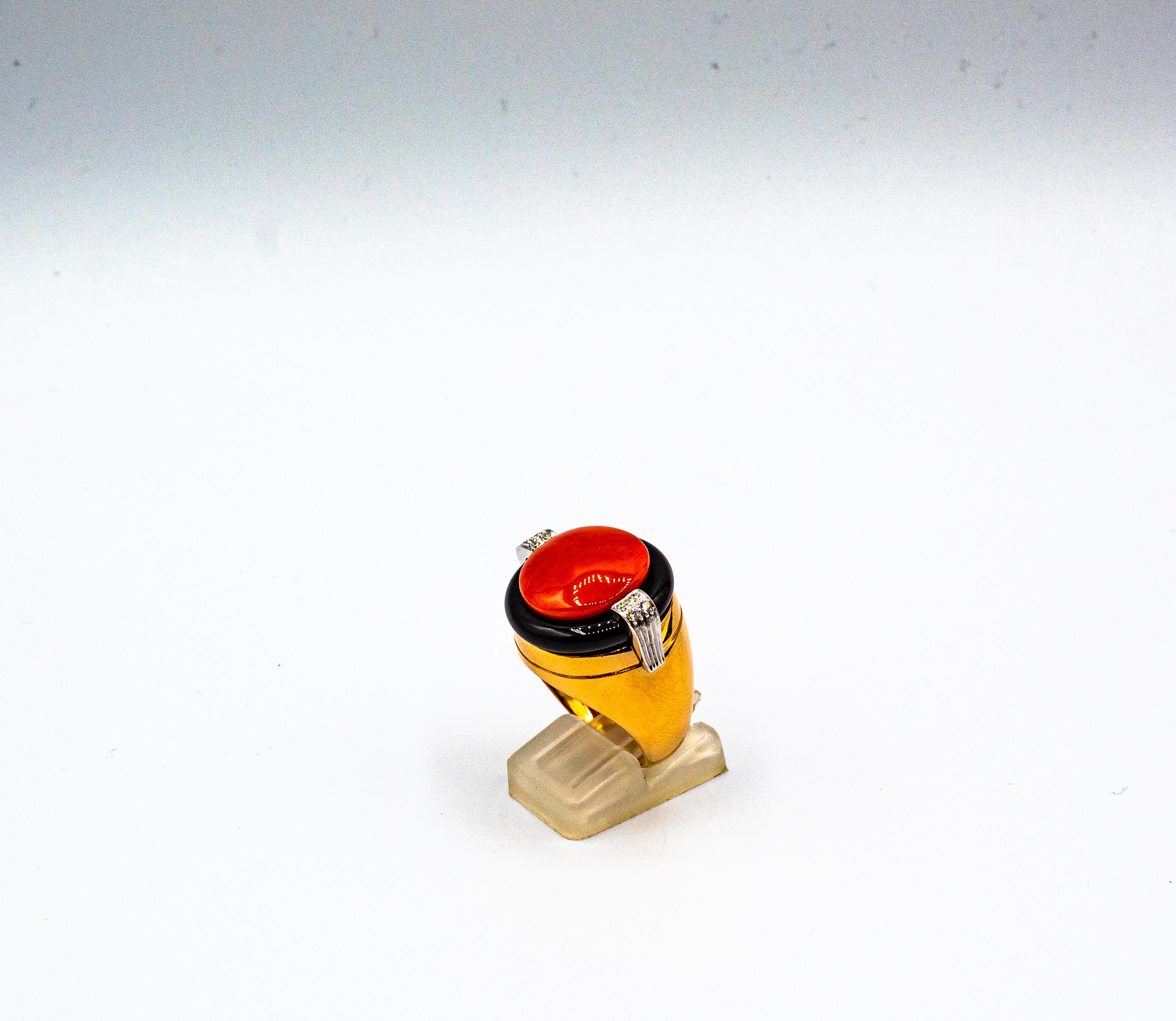 Art Deco Mediterranean Red Coral White Diamond Onyx Yellow Gold Cocktail Ring In New Condition For Sale In Naples, IT