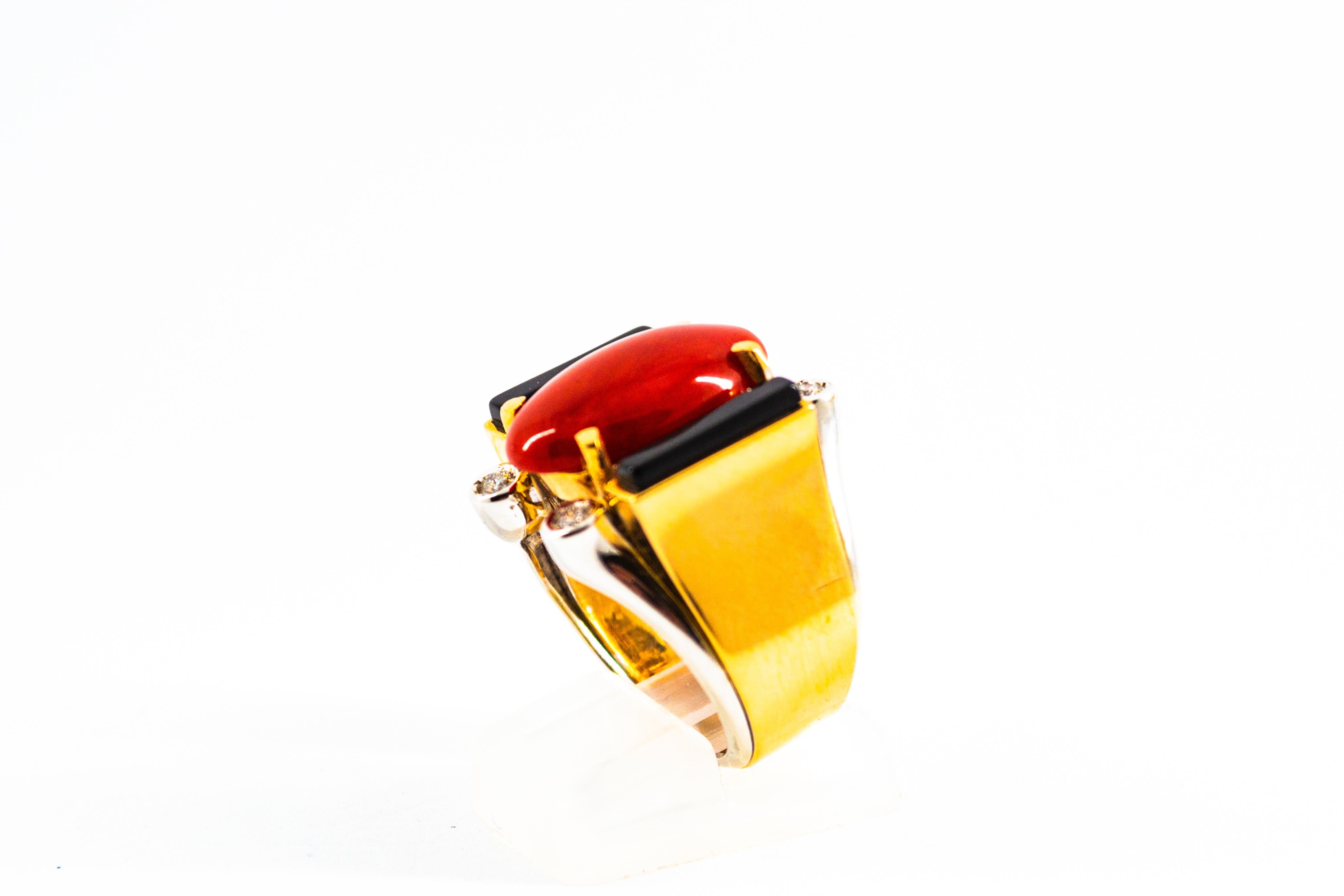 Art Deco Style Mediterranean Coral White Diamond Onyx Yellow Gold Cocktail Ring In New Condition In Naples, IT