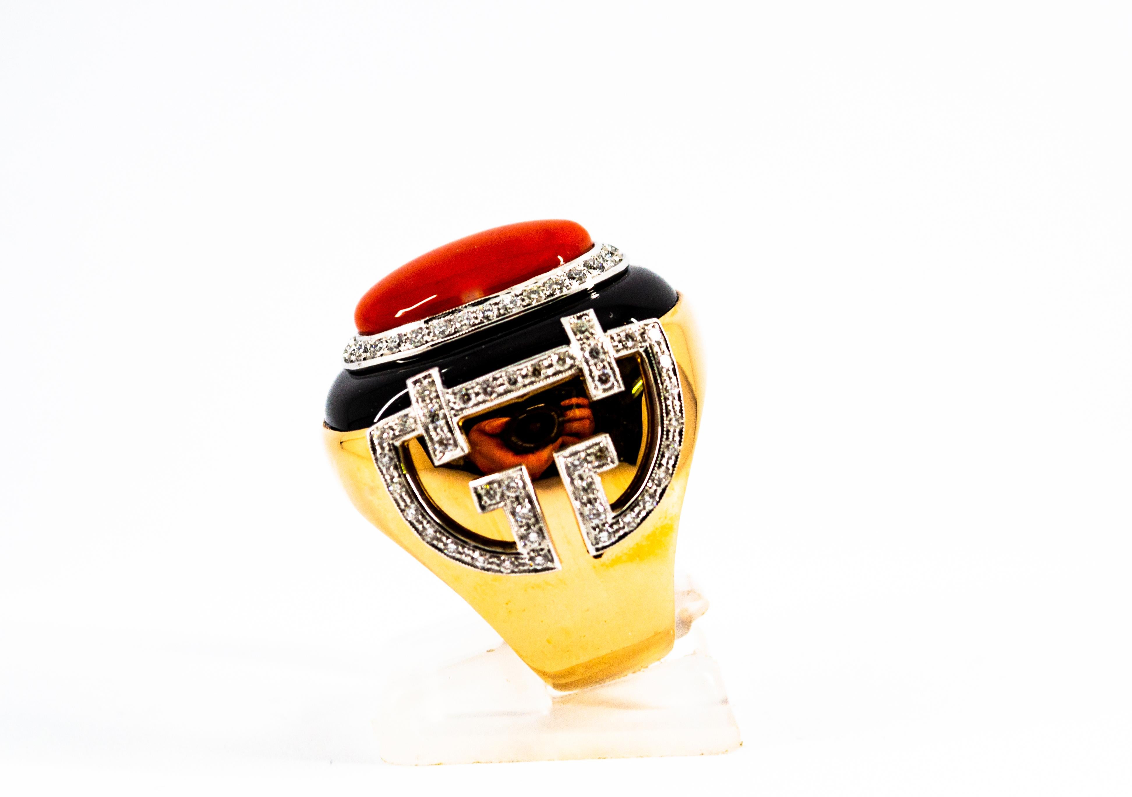 Women's or Men's Art Deco Mediterranean Red Coral White Diamond Onyx Yellow Gold Cocktail Ring