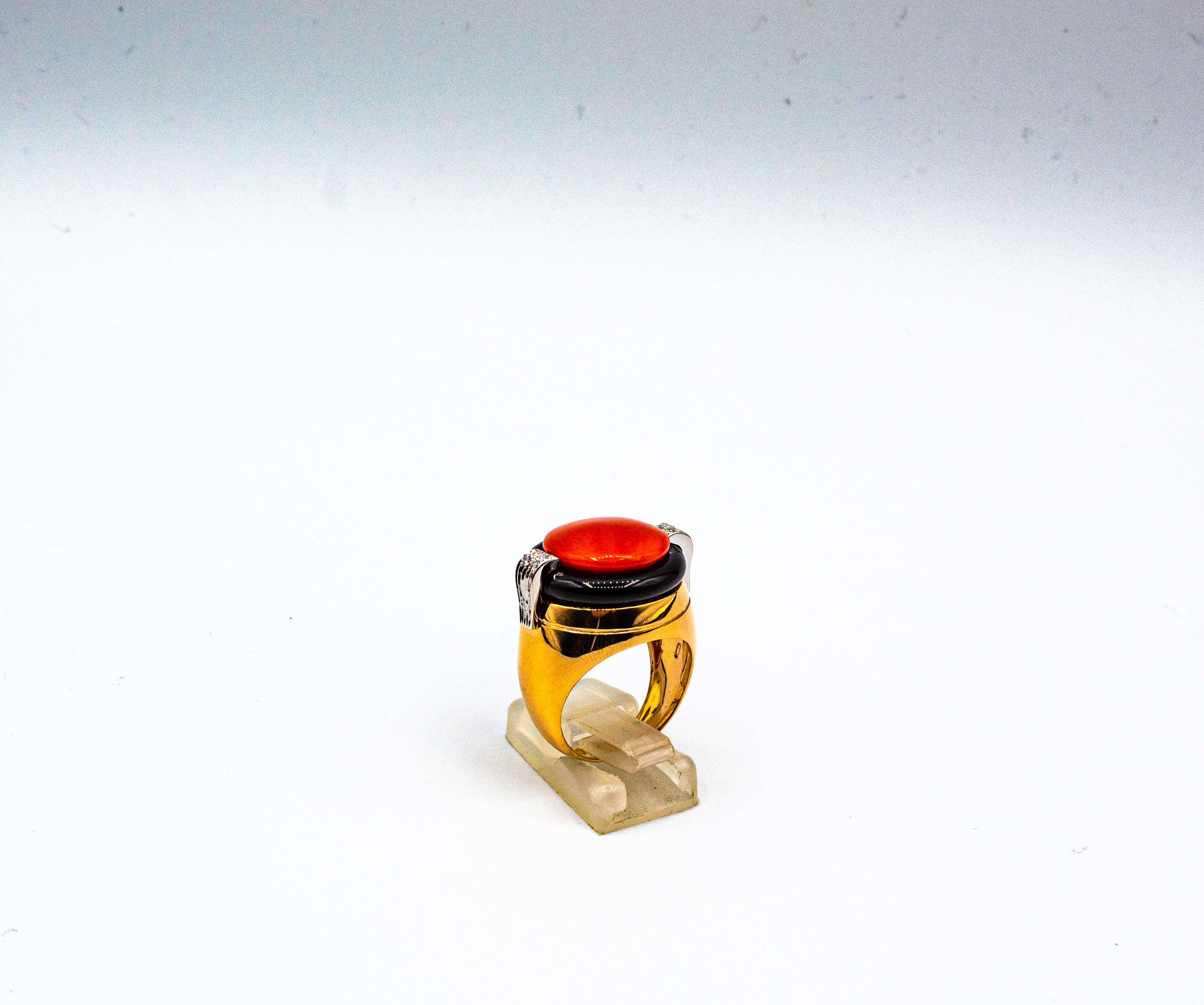 Women's or Men's Art Deco Mediterranean Red Coral White Diamond Onyx Yellow Gold Cocktail Ring For Sale