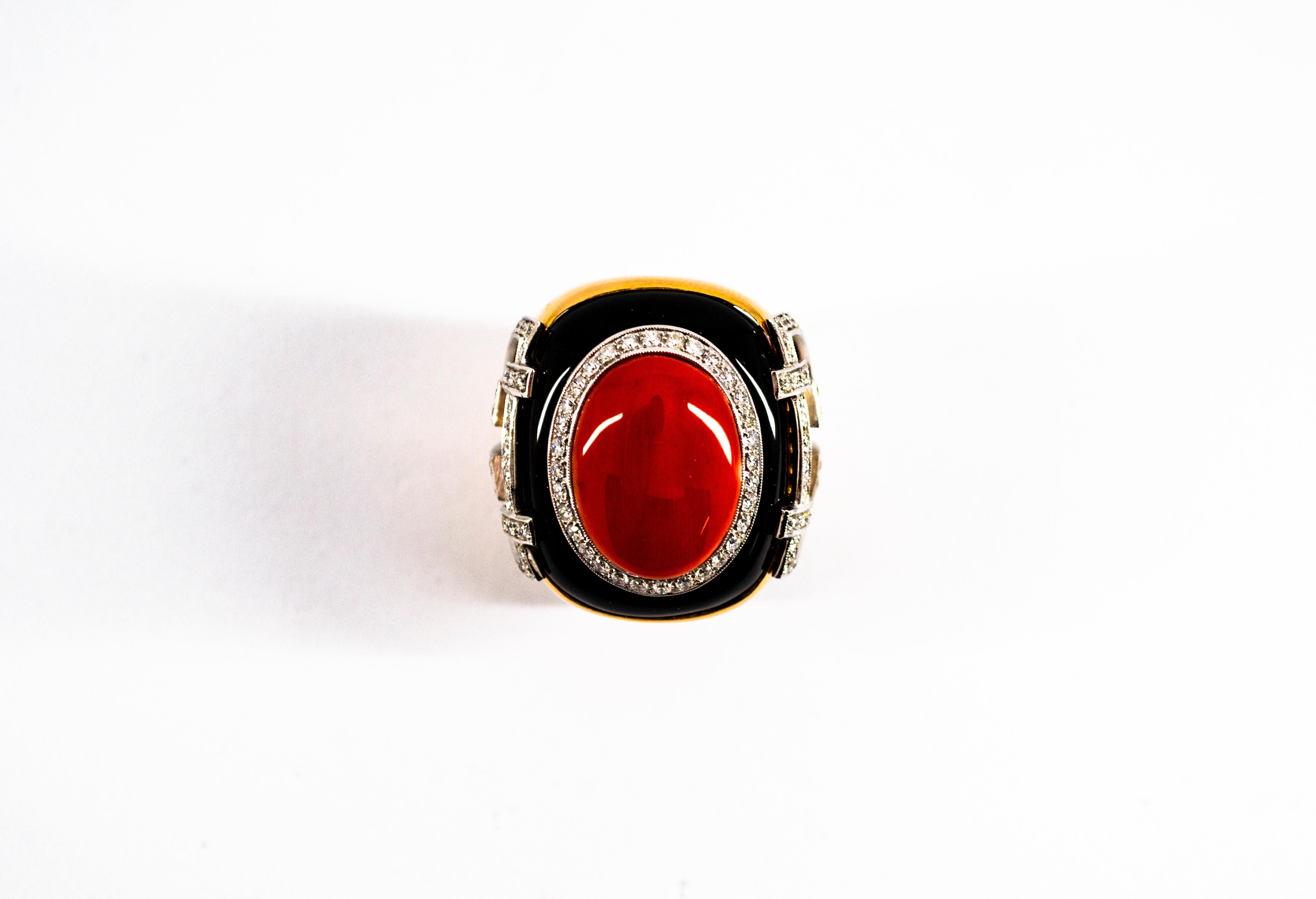Art Deco Mediterranean Red Coral White Diamond Onyx Yellow Gold Cocktail Ring For Sale 1