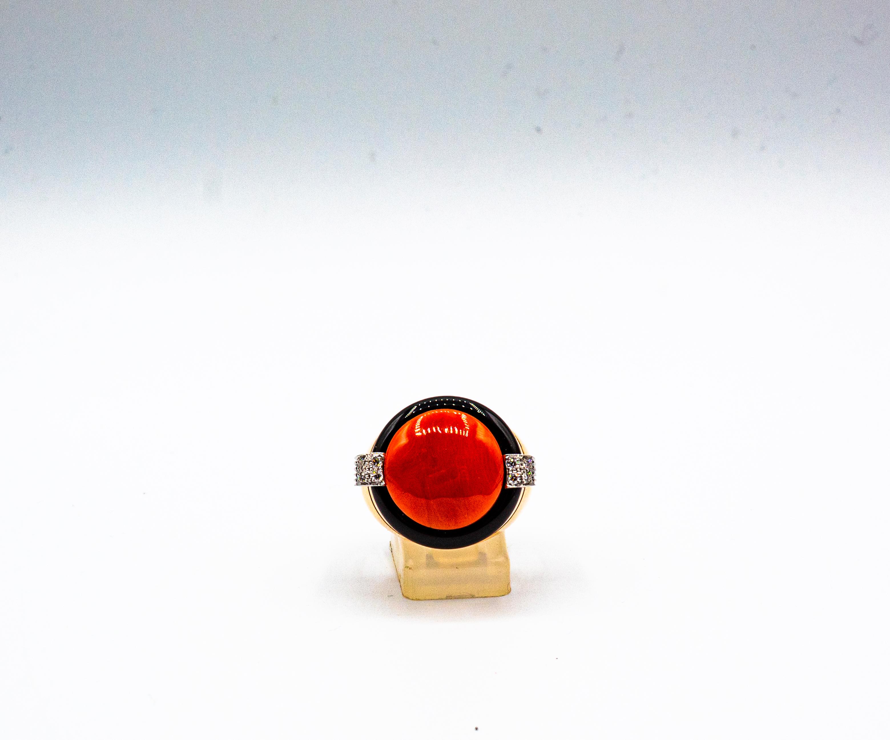 Art Deco Mediterranean Red Coral White Diamond Onyx Yellow Gold Cocktail Ring For Sale 1