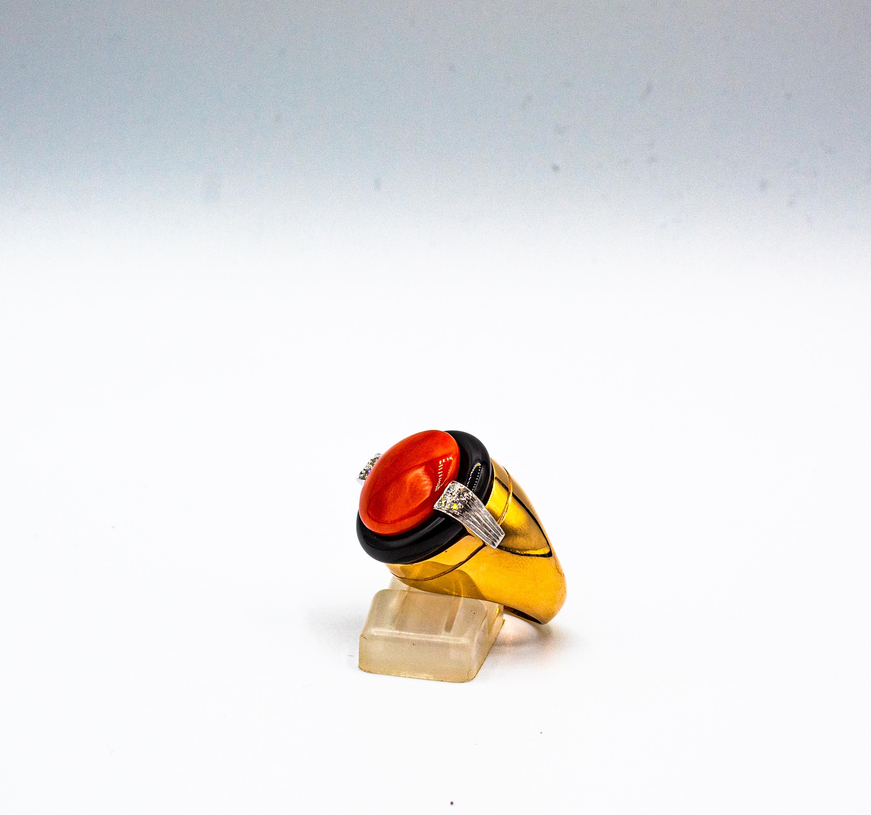 Art Deco Mediterranean Red Coral White Diamond Onyx Yellow Gold Cocktail Ring For Sale 2