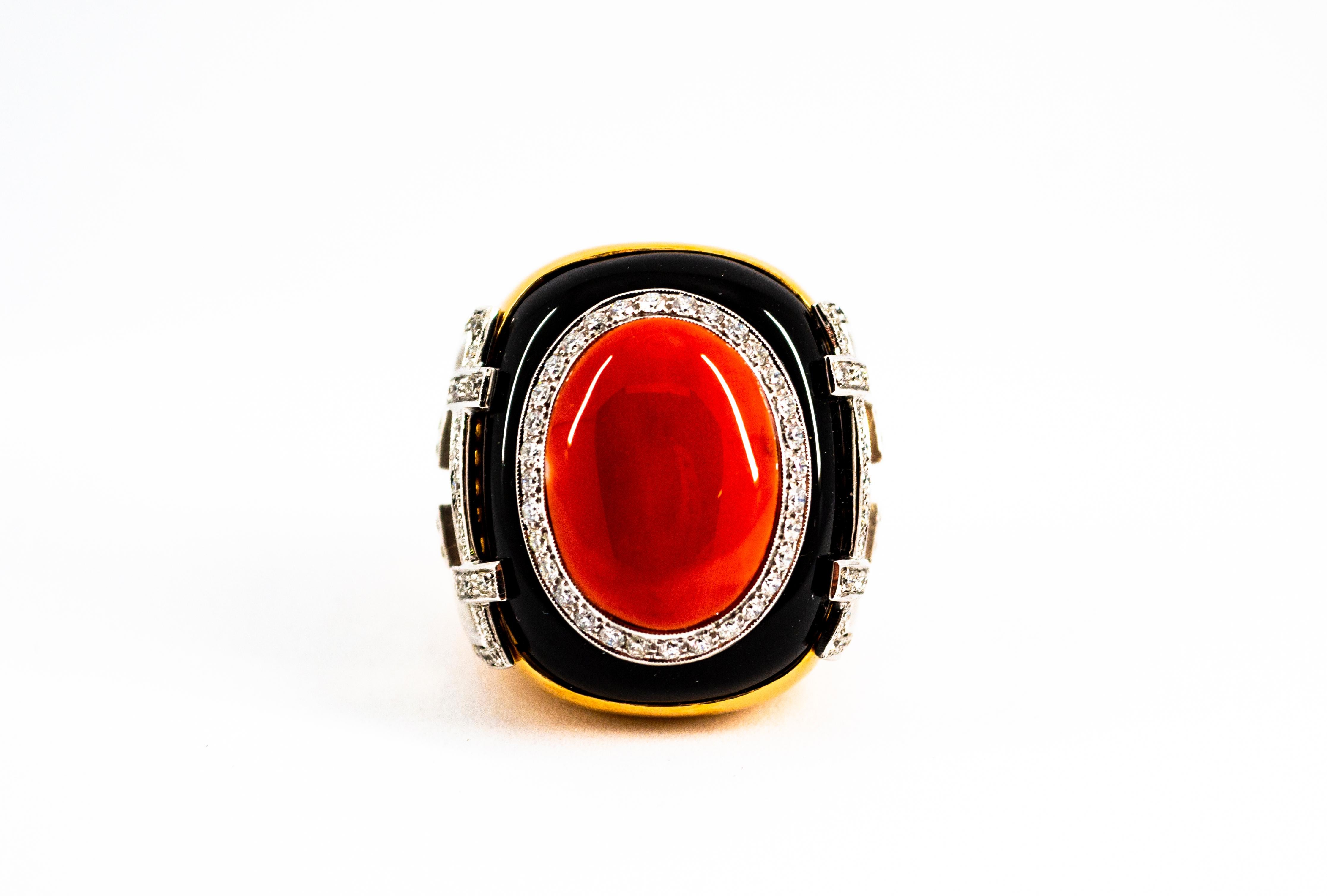 Art Deco Mediterranean Red Coral White Diamond Onyx Yellow Gold Cocktail Ring For Sale 2