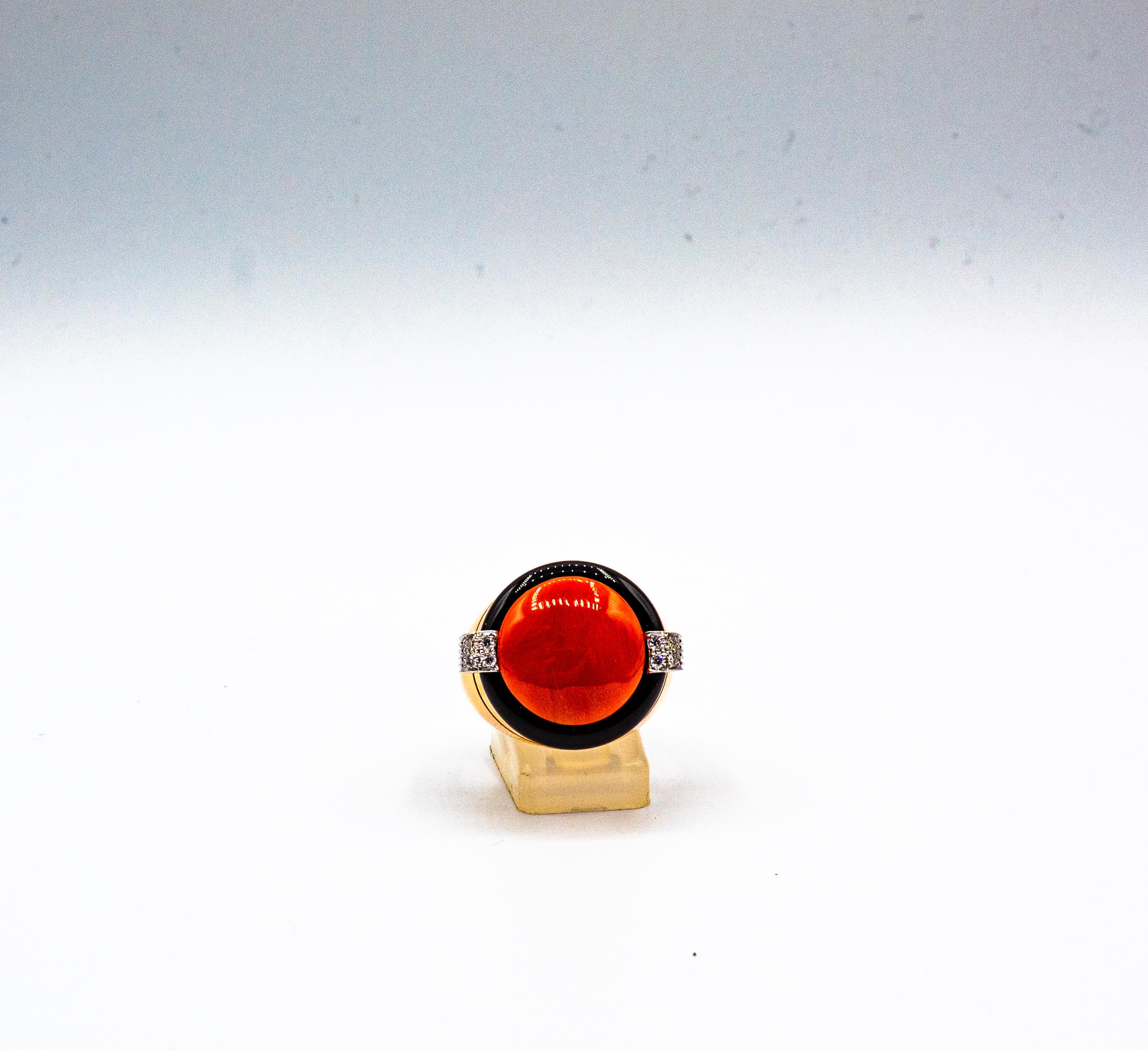 Art Deco Mediterranean Red Coral White Diamond Onyx Yellow Gold Cocktail Ring For Sale 3