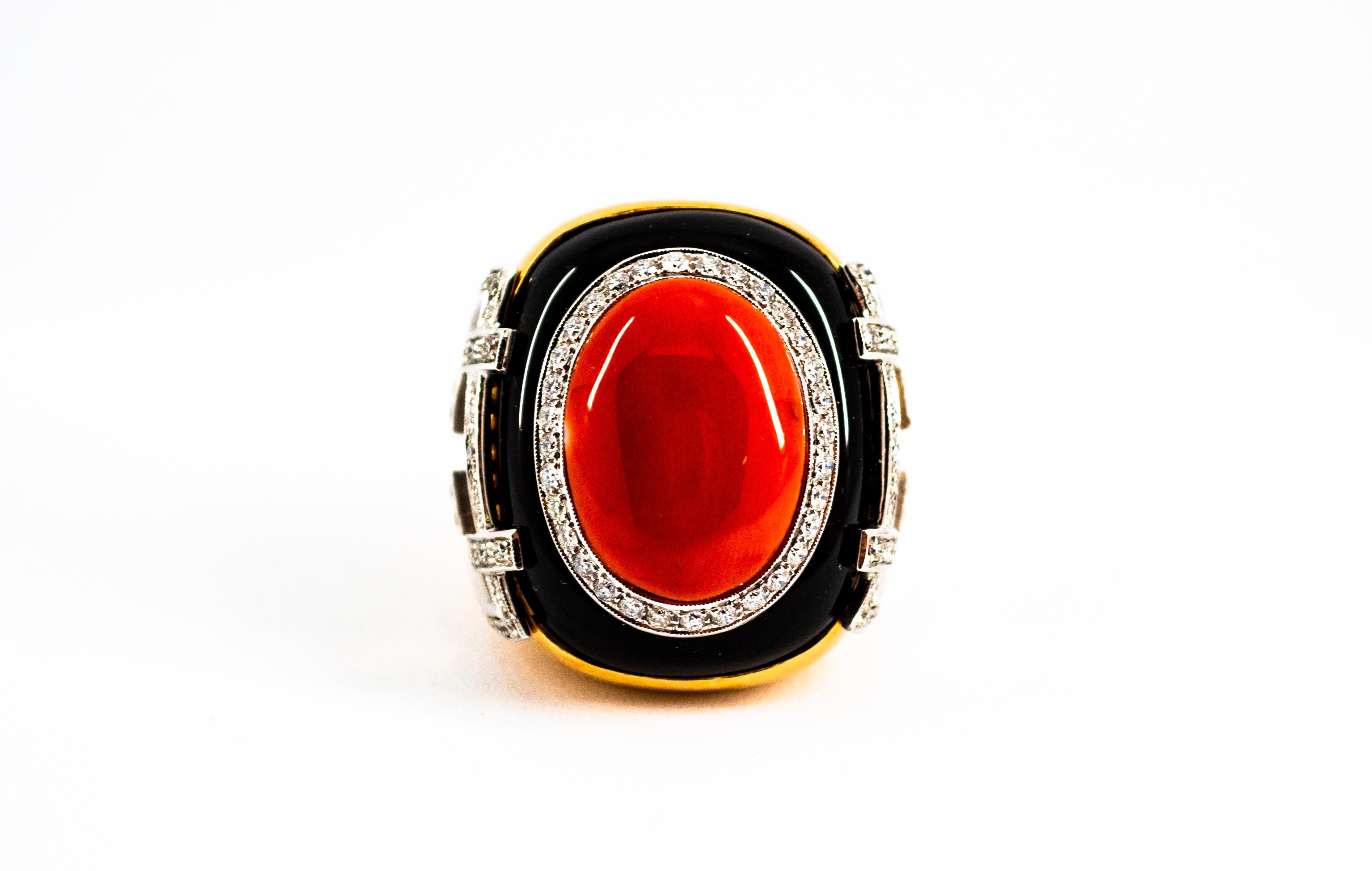 Art Deco Mediterranean Red Coral White Diamond Onyx Yellow Gold Cocktail Ring For Sale 3