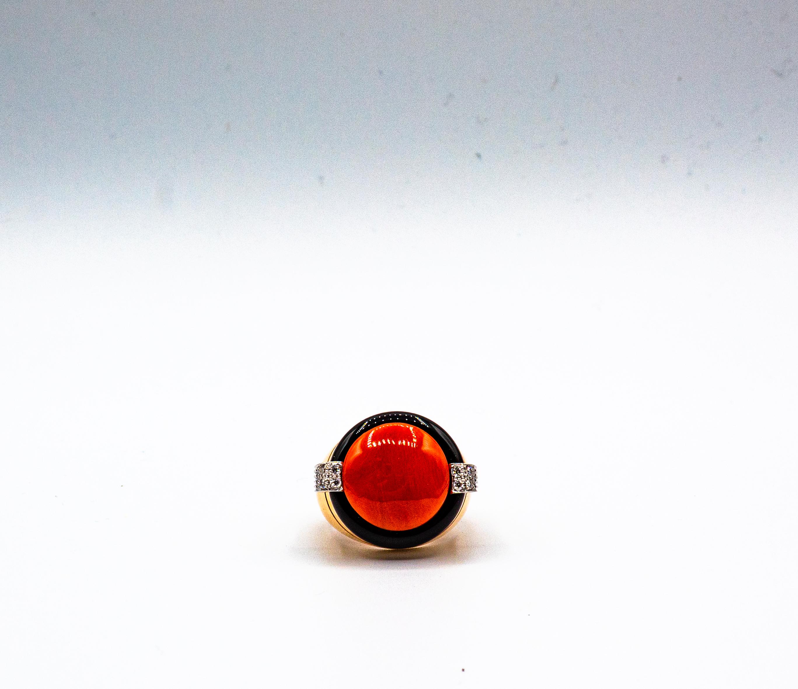Art Deco Mediterranean Red Coral White Diamond Onyx Yellow Gold Cocktail Ring For Sale 4