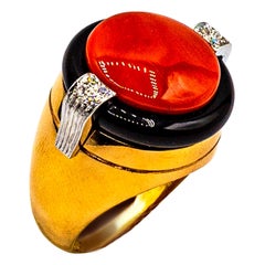 Art Deco Mediterranean Red Coral White Diamond Onyx Yellow Gold Cocktail Ring