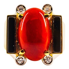 Art Deco Style Mediterranean Coral White Diamond Onyx Yellow Gold Cocktail Ring