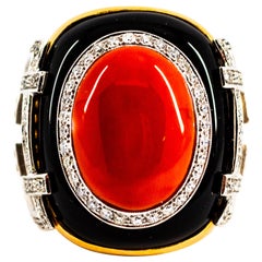 Art Deco Mediterranean Red Coral White Diamond Onyx Yellow Gold Cocktail Ring