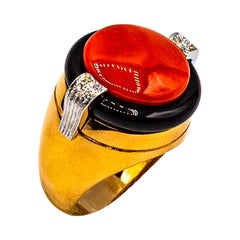 Art Deco Mediterranean Red Coral White Diamond Onyx Yellow Gold Cocktail Ring