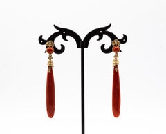 Art Deco Mediterranean Red Coral White Diamond Yellow Gold "Snake" Earrings