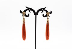 Art Deco Mediterranean Red Coral White Diamond Yellow Gold "Snake" Earrings