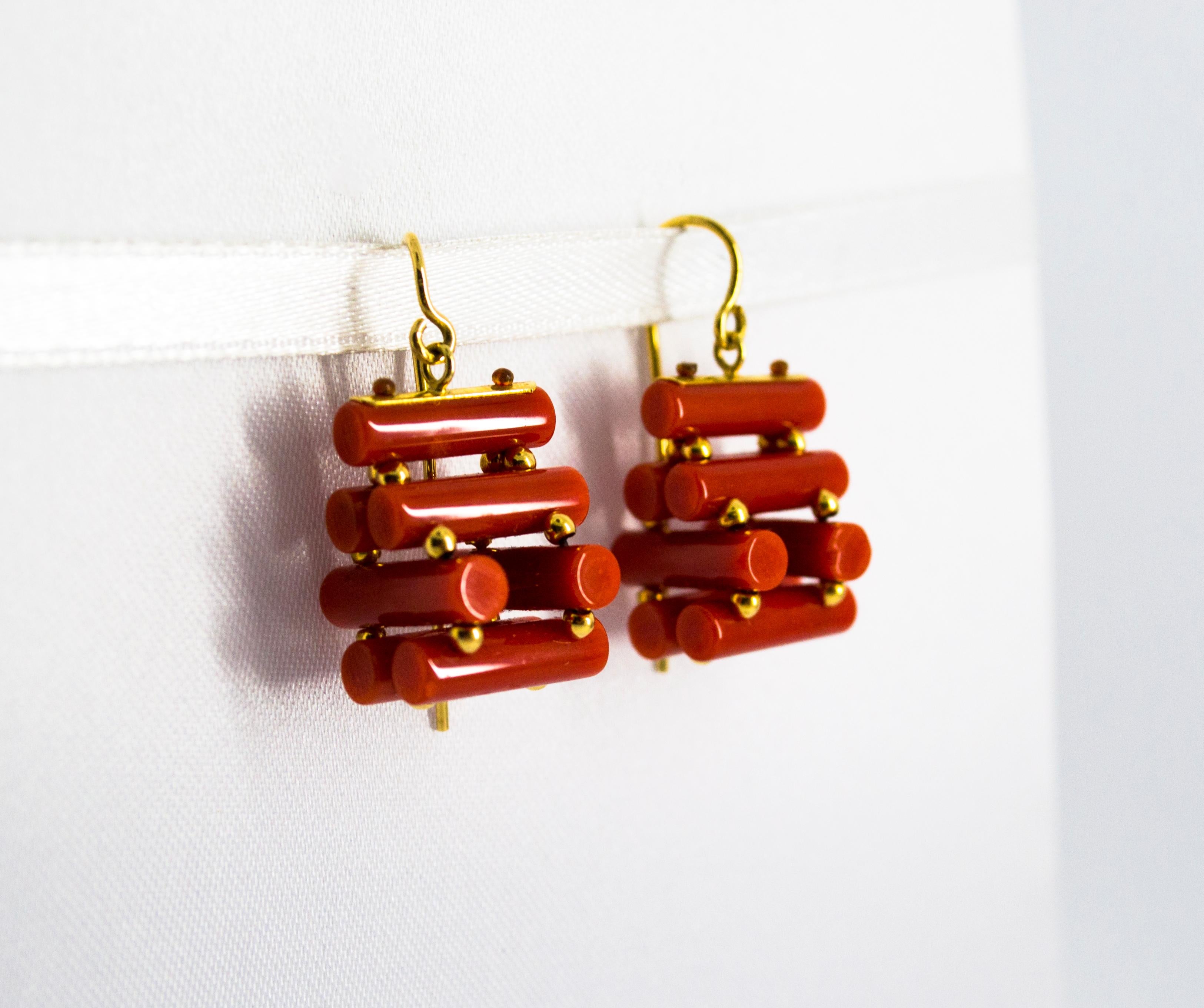 Mixed Cut Art Deco Style Mediterranean Red Coral Yellow Gold Stud Dangle Earrings For Sale