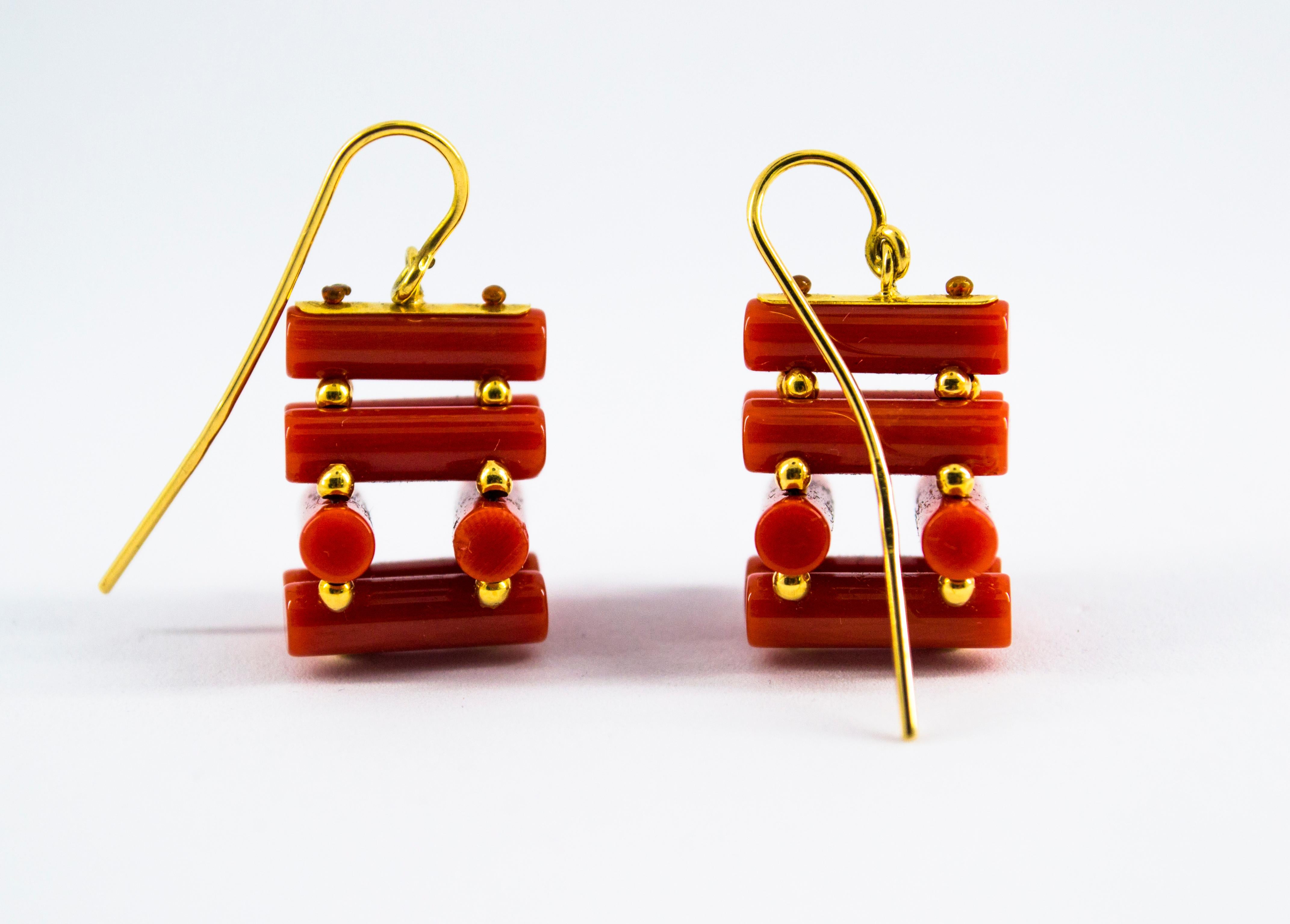 Women's or Men's Art Deco Style Mediterranean Red Coral Yellow Gold Stud Dangle Earrings For Sale
