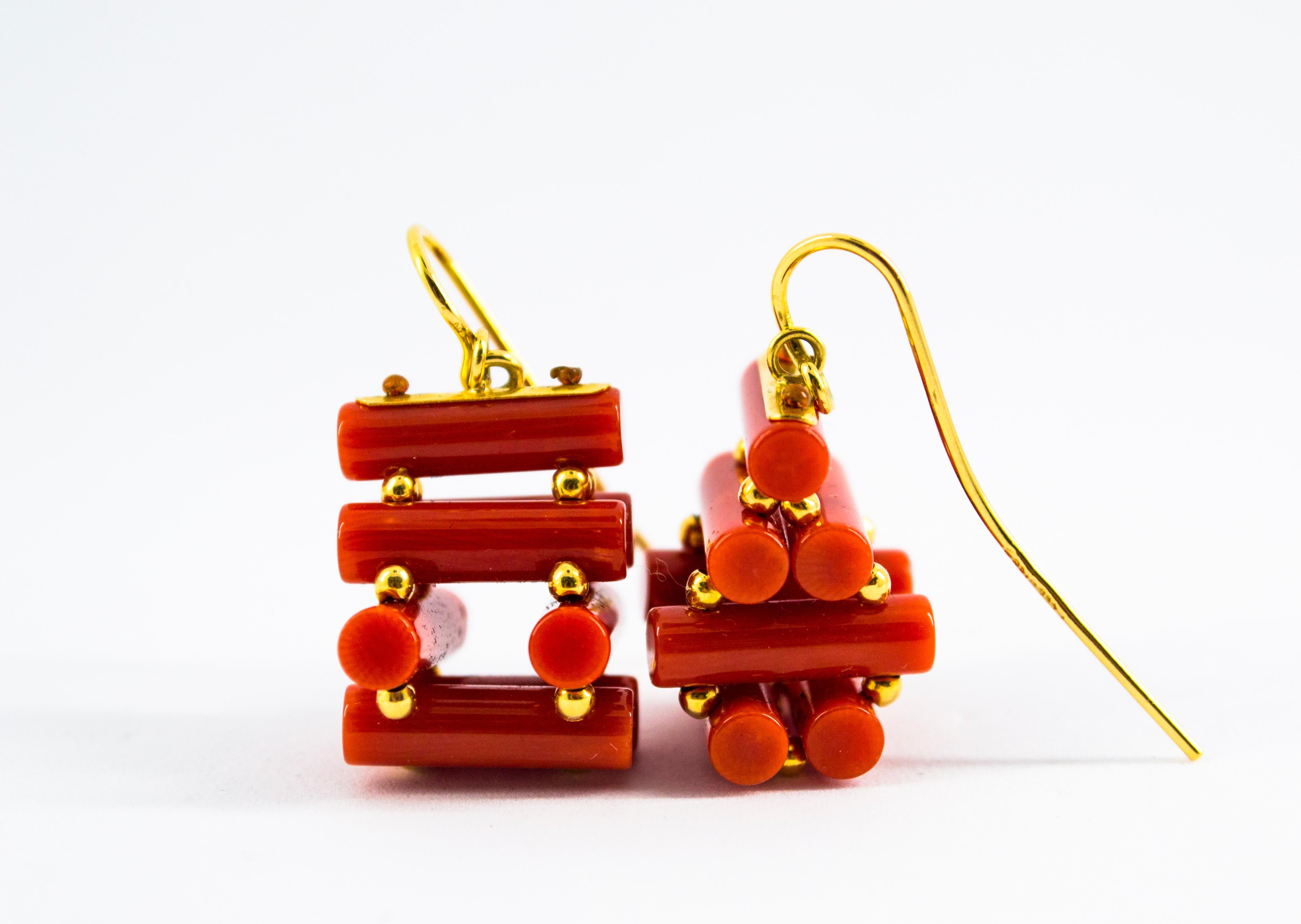 Art Deco Style Mediterranean Red Coral Yellow Gold Stud Dangle Earrings For Sale 1