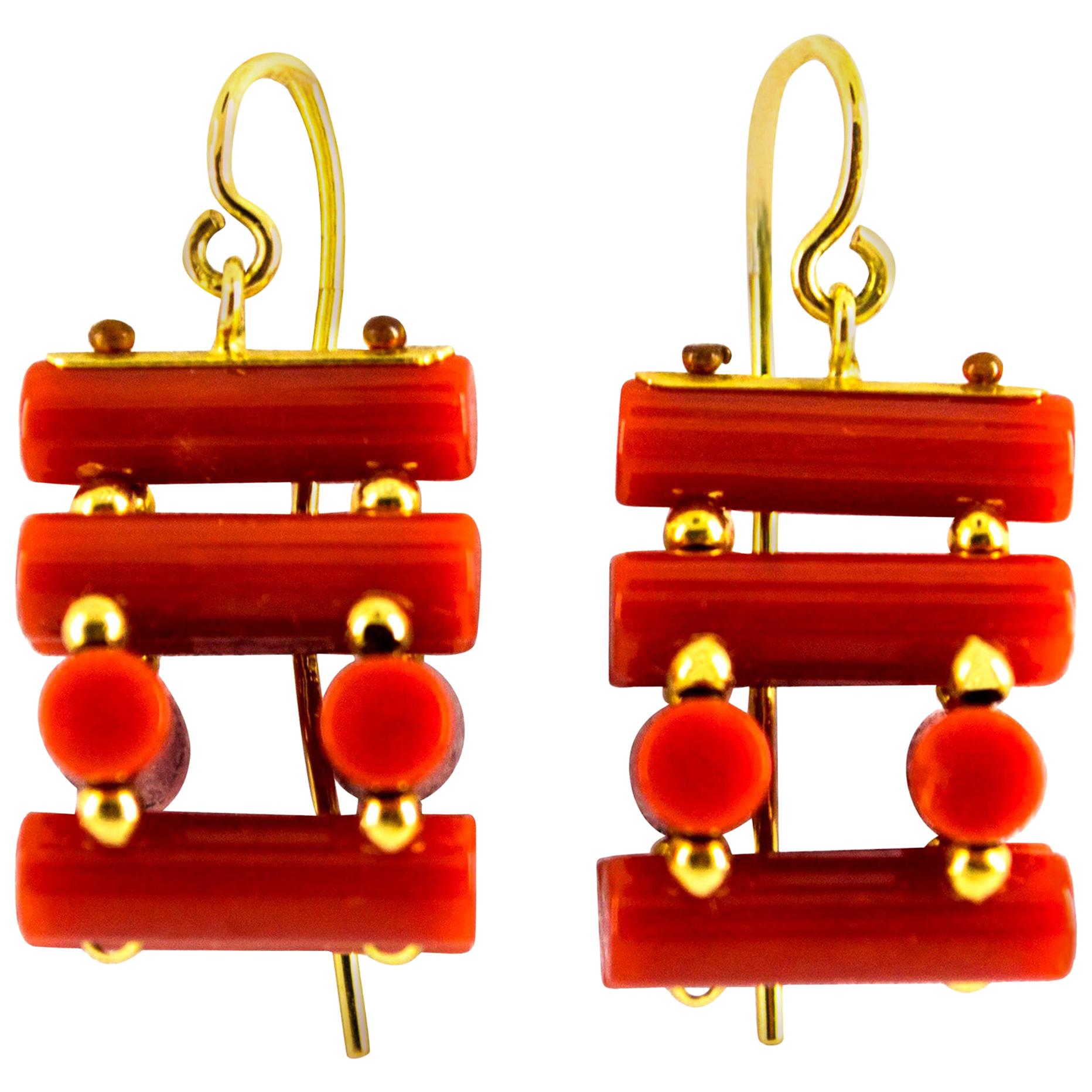 Art Deco Style Mediterranean Red Coral Yellow Gold Stud Dangle Earrings For Sale