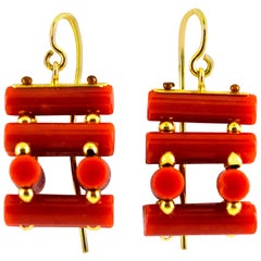 Art Deco Style Mediterranean Red Coral Yellow Gold Stud Dangle Earrings