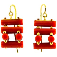 Art Deco Mediterranean Red Coral Yellow Gold Stud Dangle Earrings