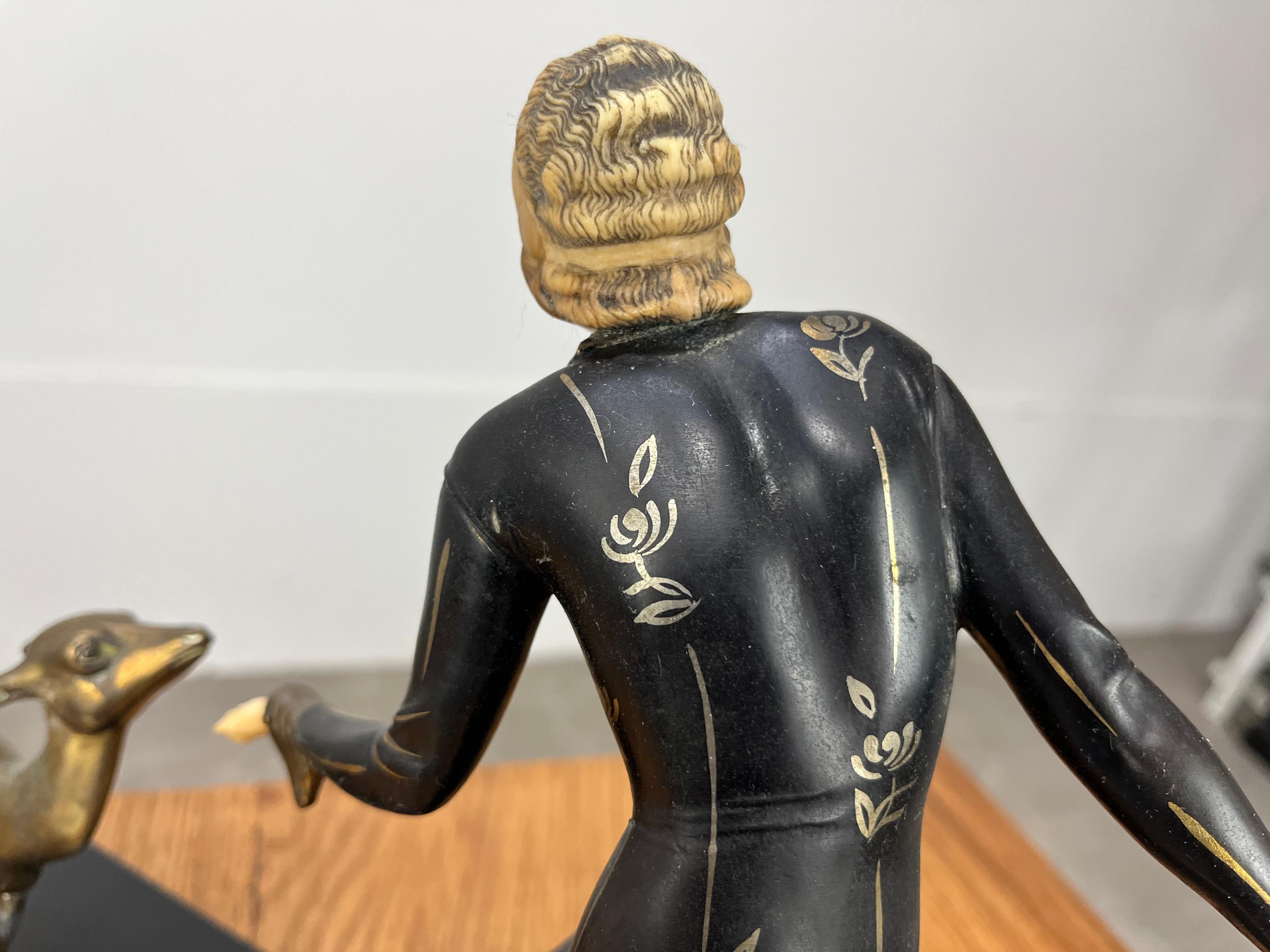 Art Deco Menneville sculpture, woman and fawn, 1930's For Sale 5