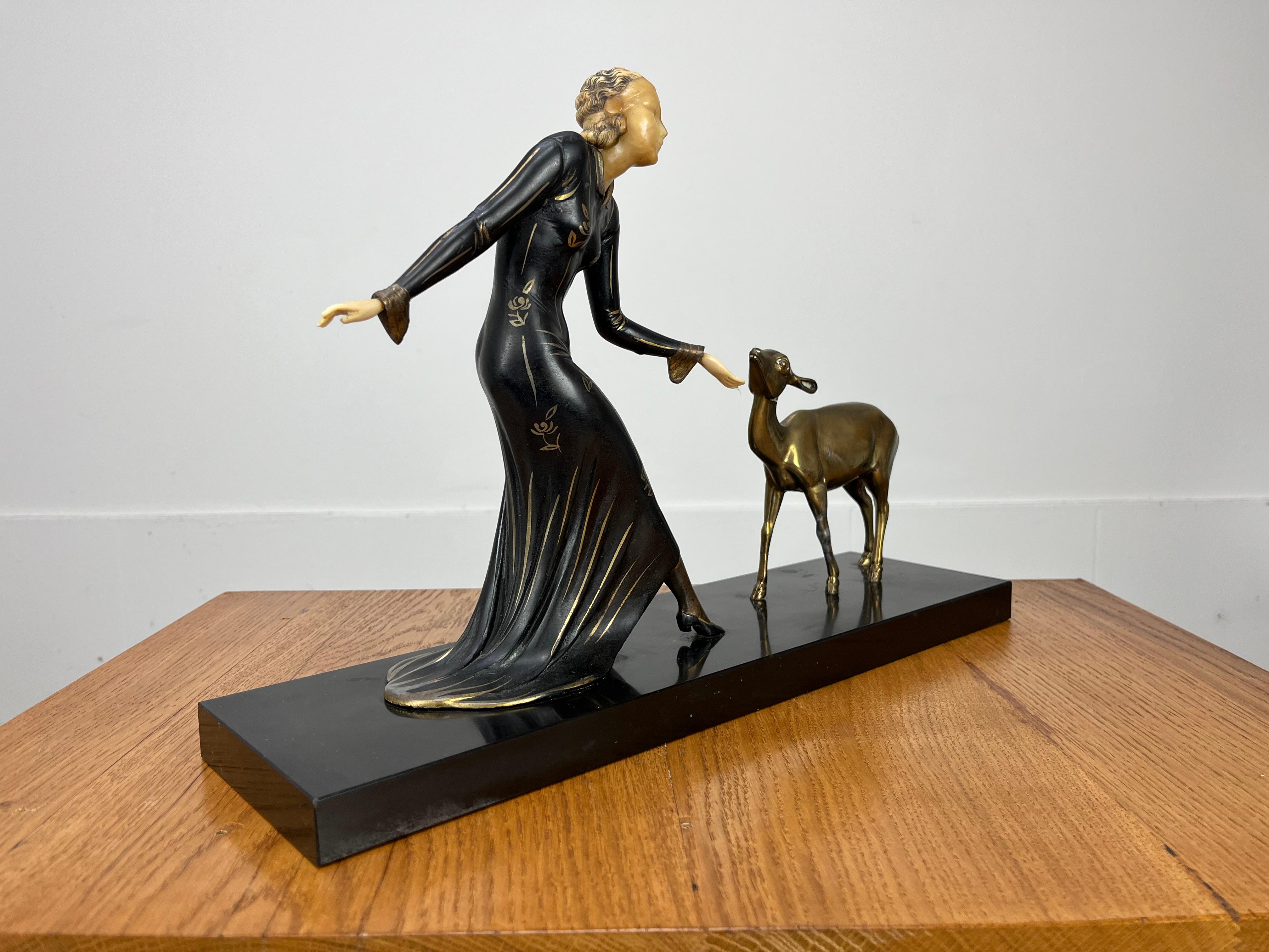 Art Deco Menneville sculpture, woman and fawn, 1930's For Sale 6