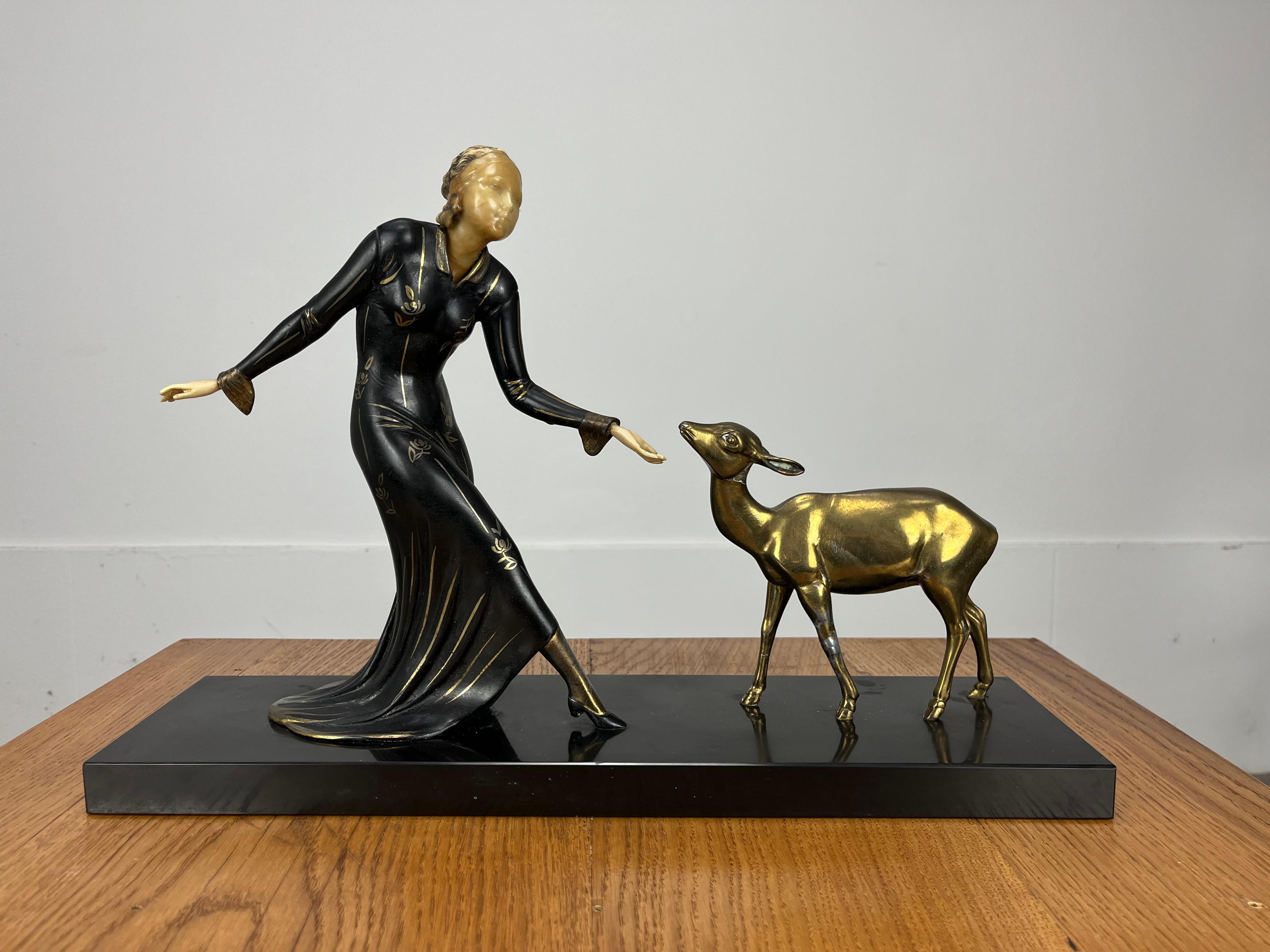 Art Deco Menneville sculpture, woman and fawn, 1930's For Sale 12