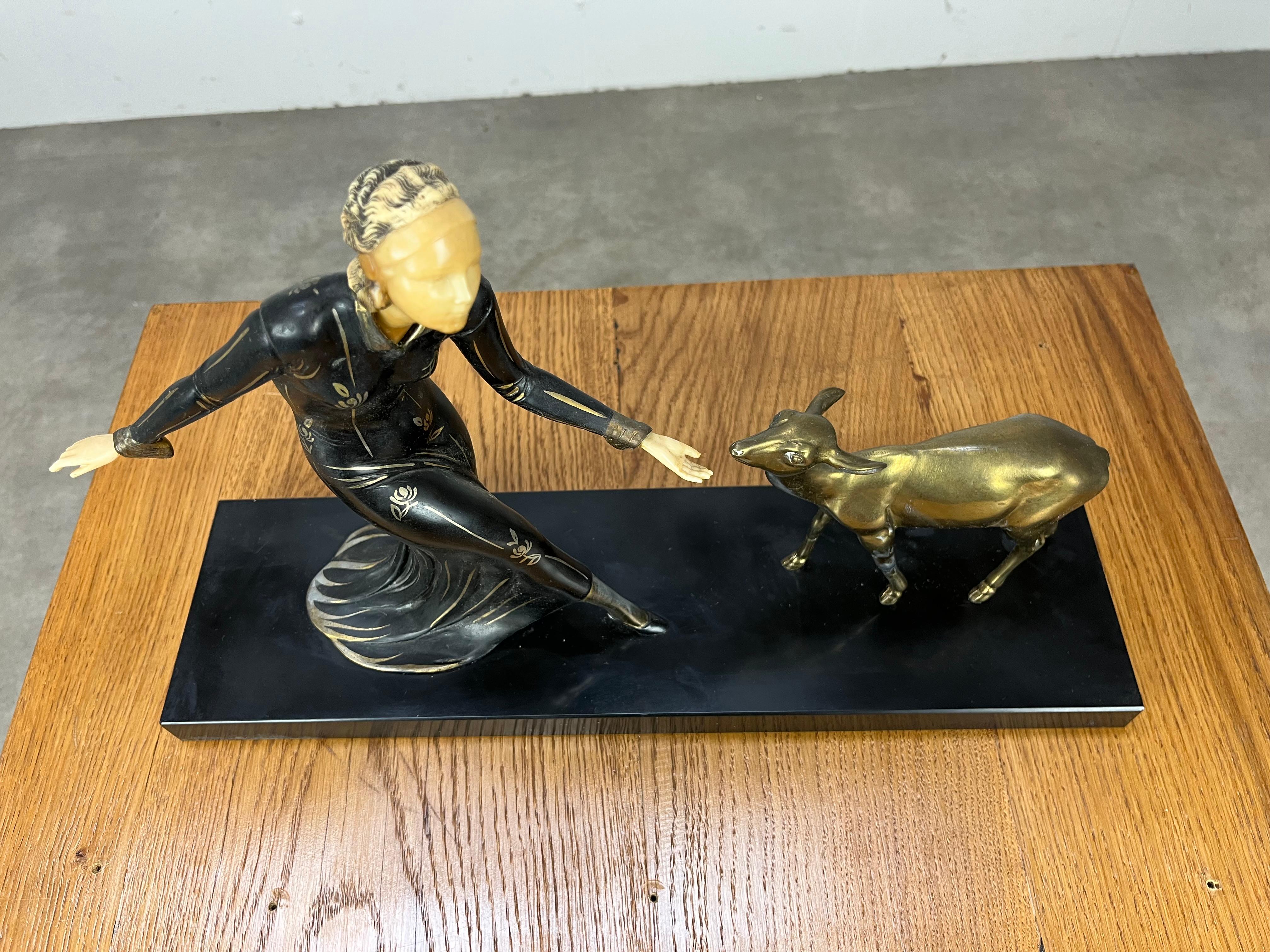 Art Deco Menneville sculpture, woman and fawn, 1930's For Sale 13