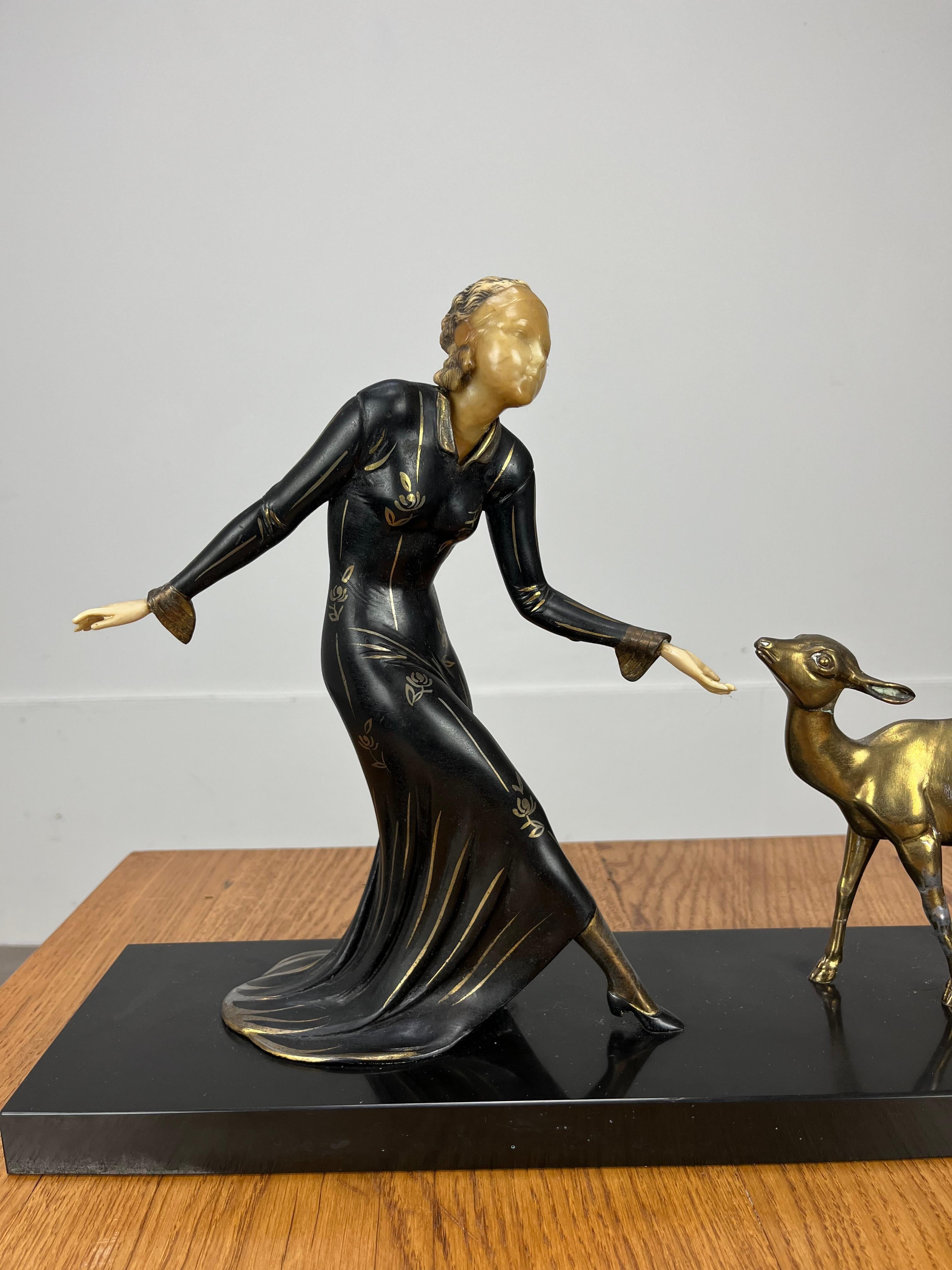 French Art Deco Menneville sculpture, woman and fawn, 1930's For Sale