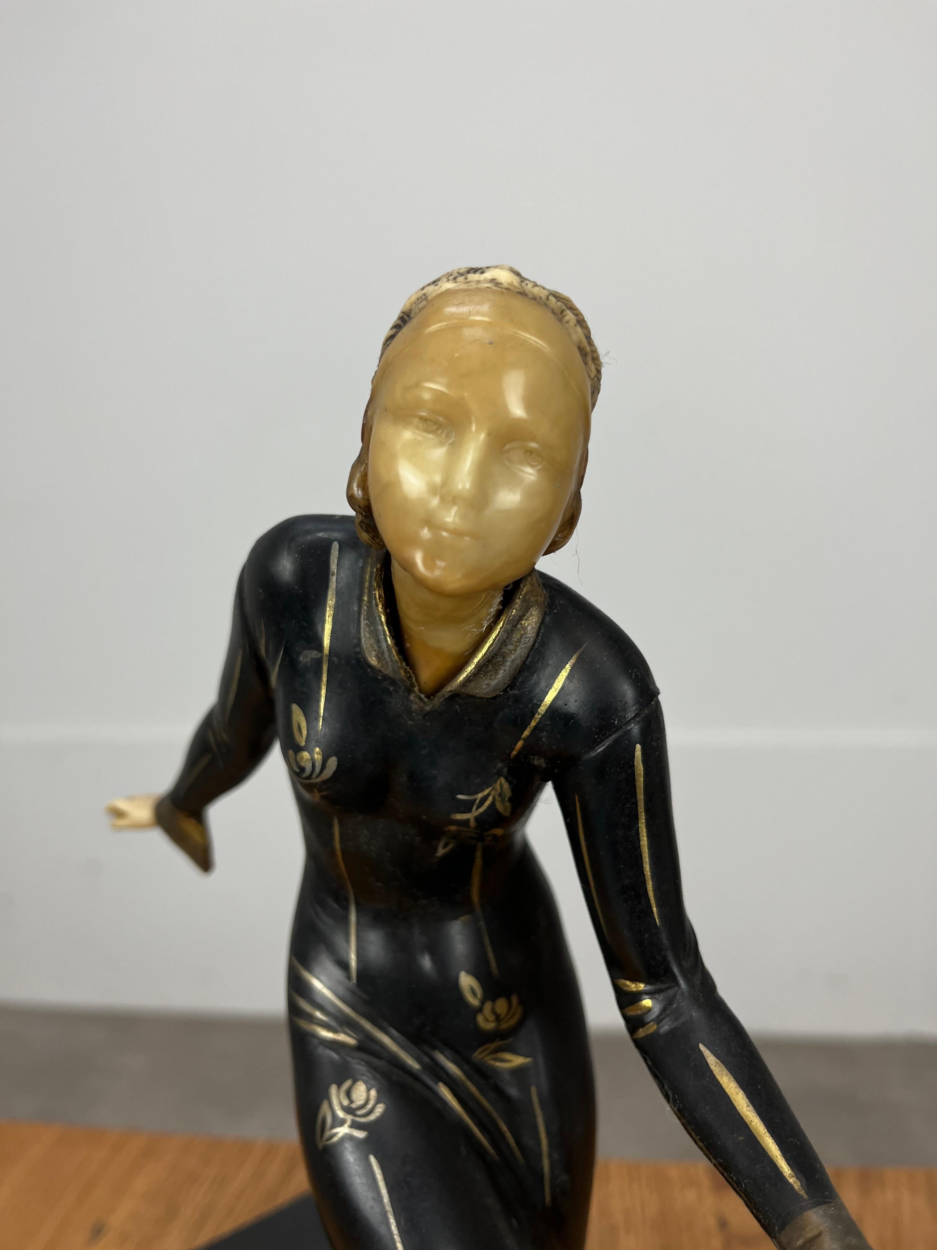 Mid-20th Century Art Deco Menneville sculpture, woman and fawn, 1930's For Sale