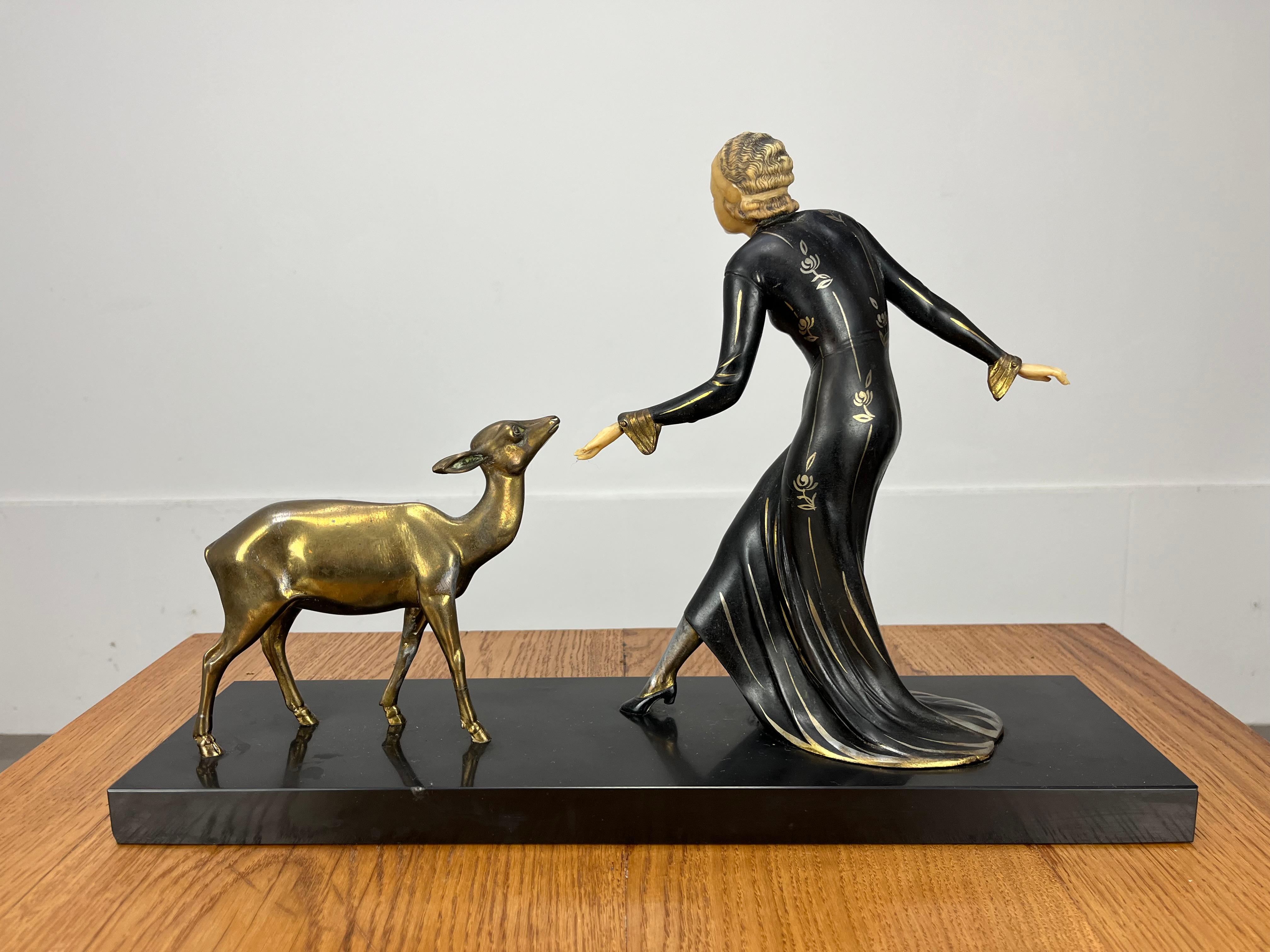 Art Deco Menneville sculpture, woman and fawn, 1930's For Sale 1