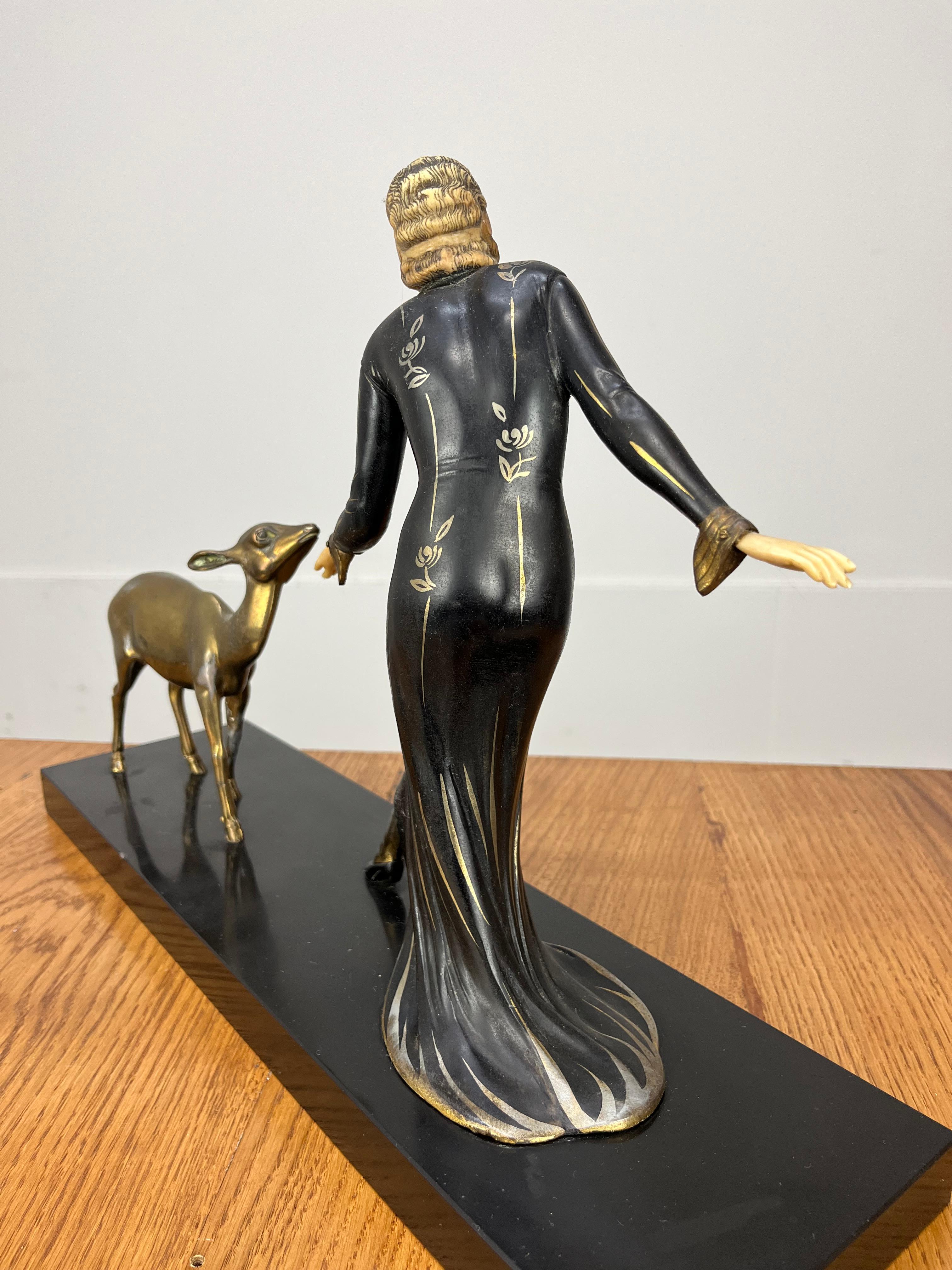 Art Deco Menneville sculpture, woman and fawn, 1930's For Sale 3