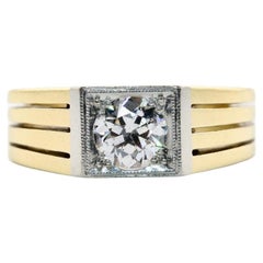 Art Deco Mens 0.80ct Diamond Solitaire Ring in 14K Yellow Gold, Platinum