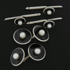 Art Deco Men's 18k Gold Black Onyx & Pearl Cuff Links 3 Shirt Button Set
