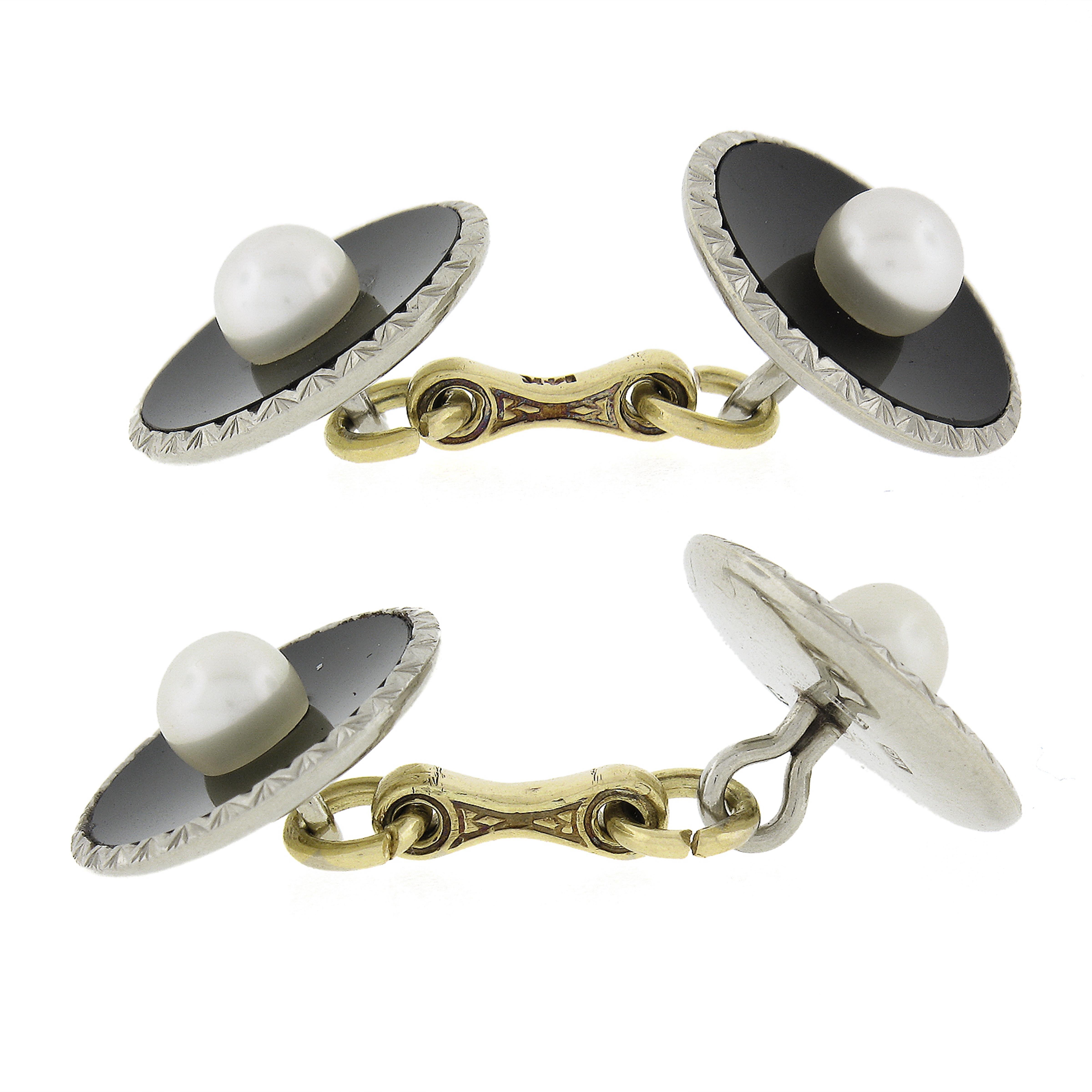 Art Deco Herren 18k Gold Schwarz Onyx & Perle Manschettenknöpfe 3 Hemd Knopfleiste Set (Rundschliff) im Angebot