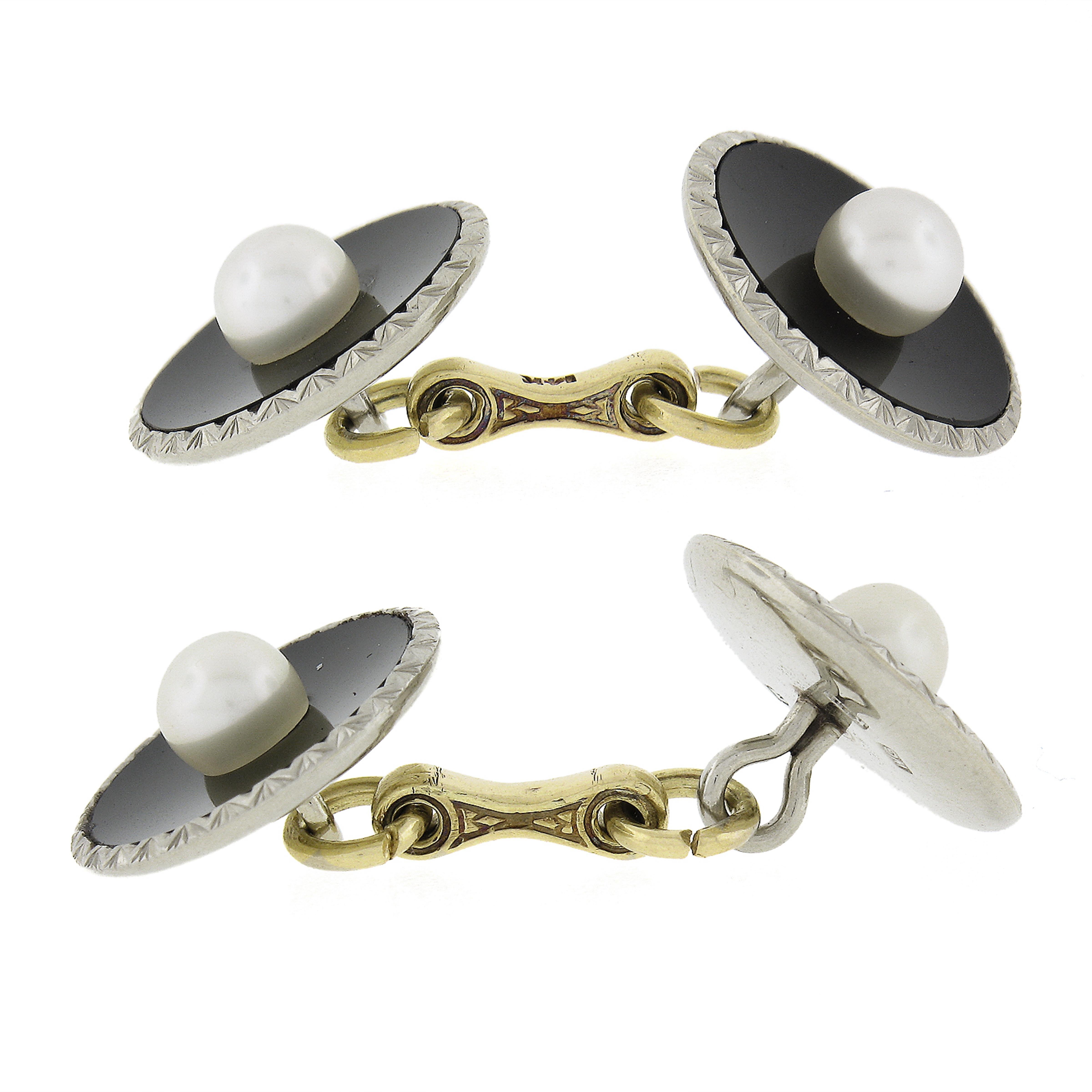 Art Deco Men's 18k Gold Black Onyx & Pearl Cuff Links 3 Shirt Button Set In Excellent Condition For Sale In Montclair, NJ