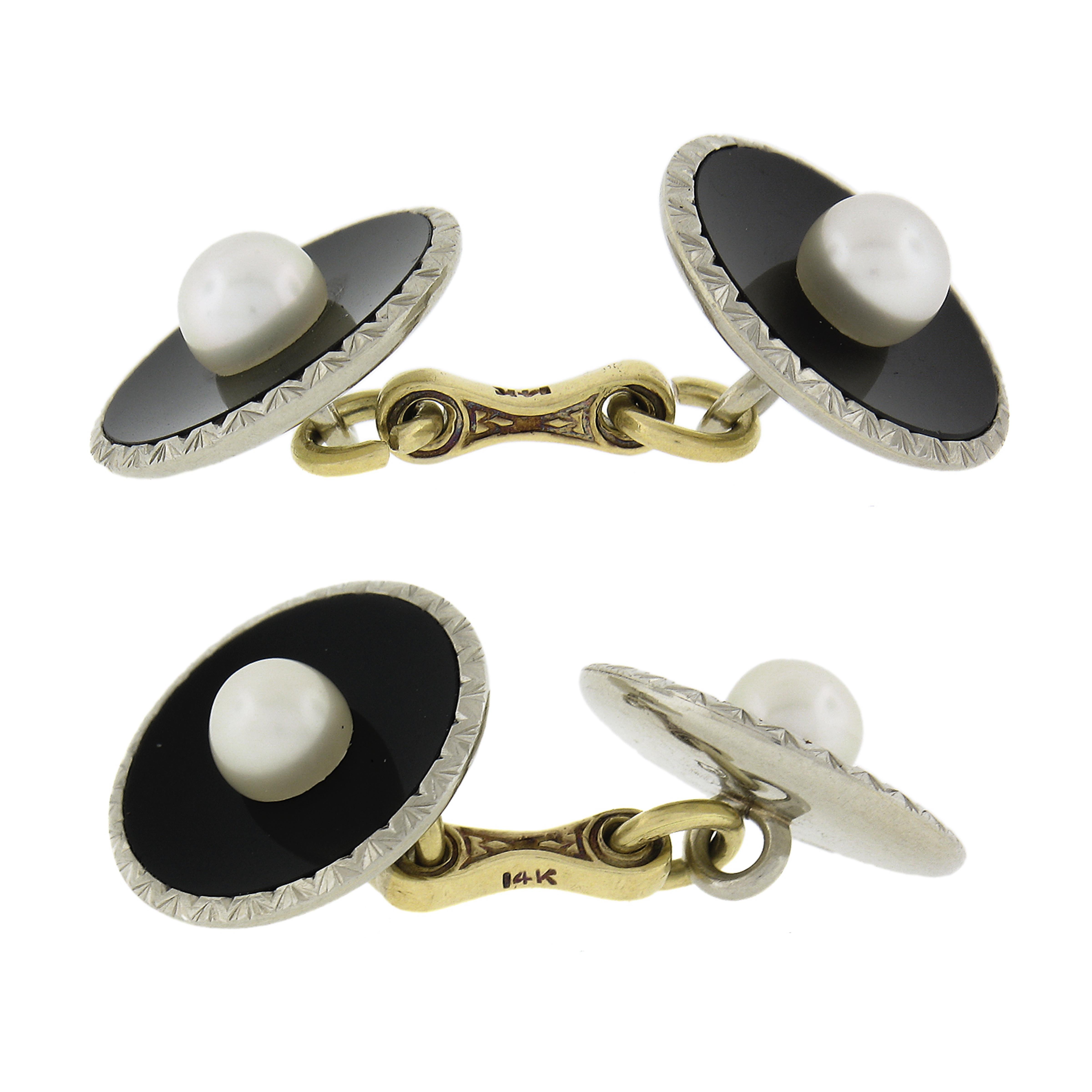Art Deco Men's 18k Gold Black Onyx & Pearl Cuff Links 3 Shirt Button Set For Sale 1