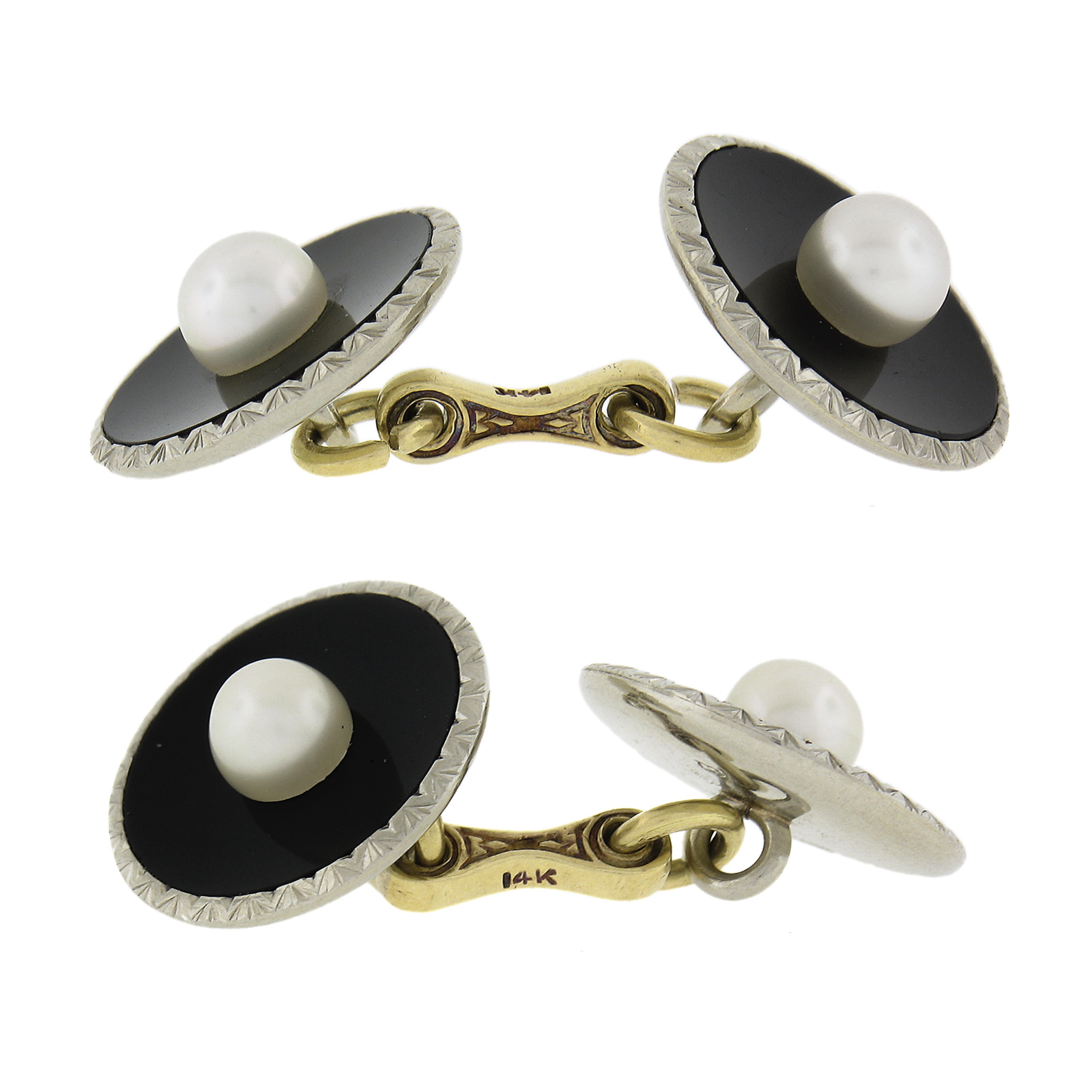 Art Deco Herren 18k Gold Schwarz Onyx & Perle Manschettenknöpfe 3 Hemd Knopfleiste Set im Zustand „Hervorragend“ im Angebot in Montclair, NJ