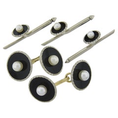 Antique Art Deco Men's 18k Gold Black Onyx & Pearl Cuff Links 3 Shirt Button Set