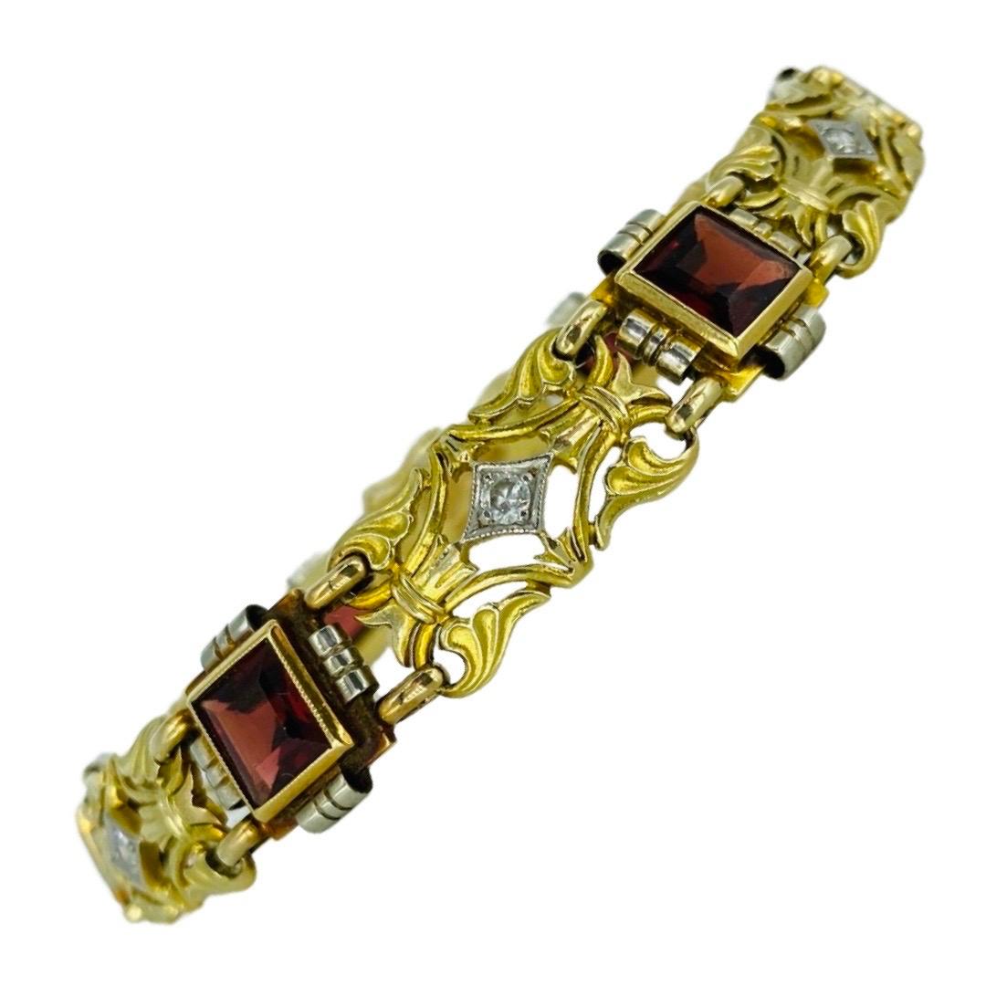 Taille carrée Bracelet de créateur Art déco en or 14 carats avec tourmaline de 6 carats et diamants pour hommes en vente