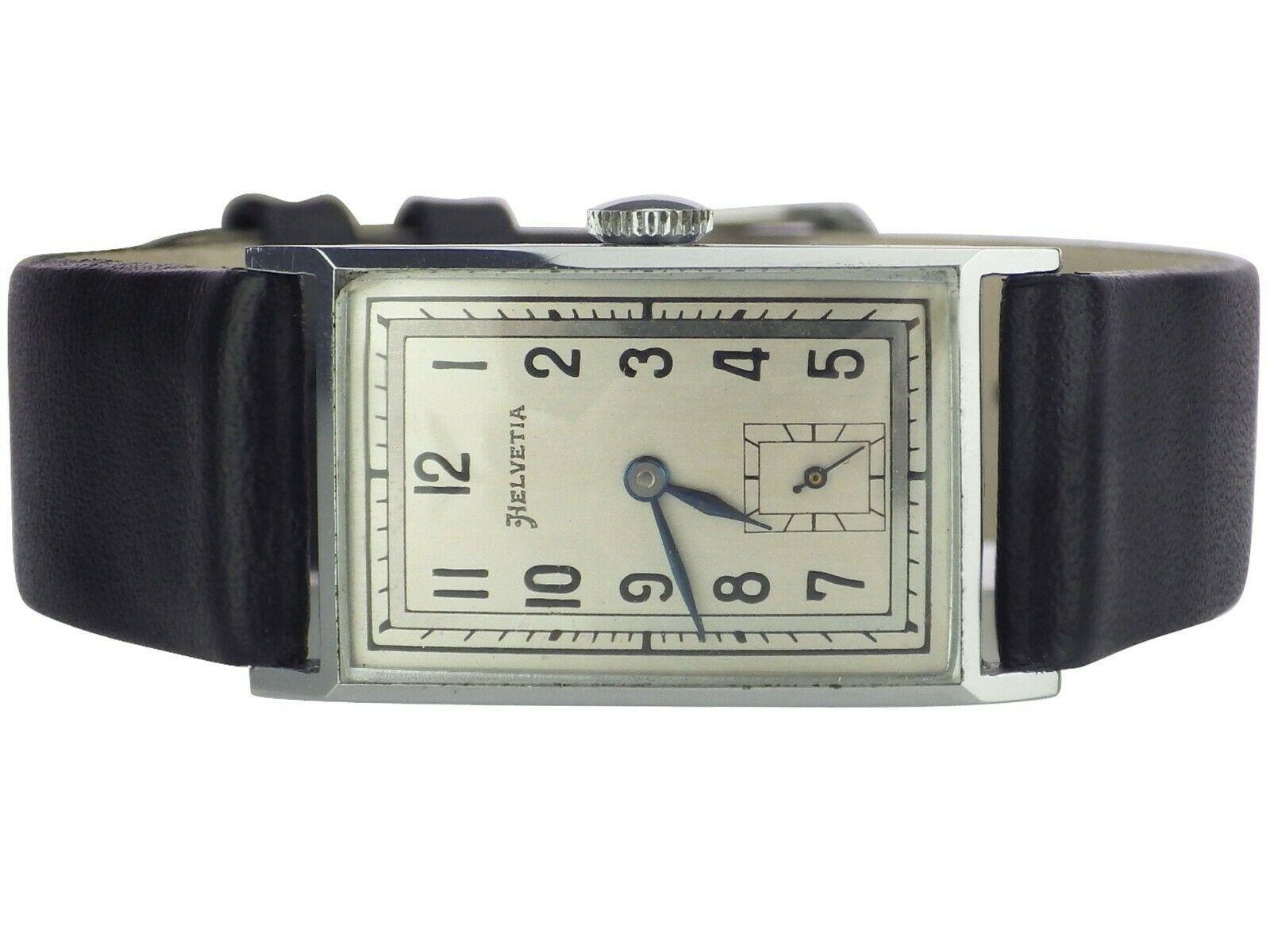 Art Deco Men’s Chrome Tank Manual Wristwatch, Helvetia Newly Serviced circa 1930 In Excellent Condition In Westward ho, GB