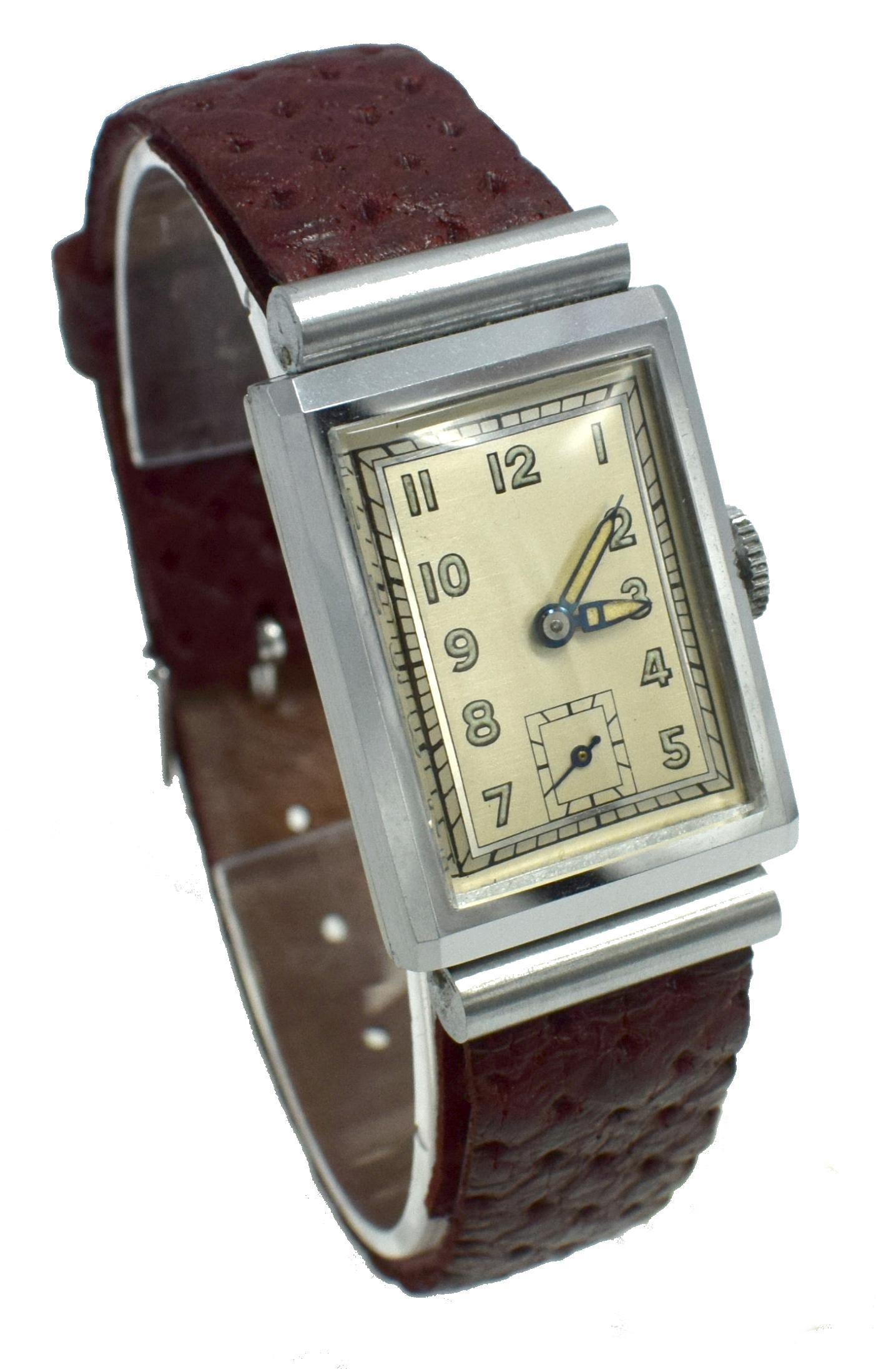 Art Deco Men’s Chrome Tank Manual Wristwatch, Never Used, Newly Serviced, 1930 5