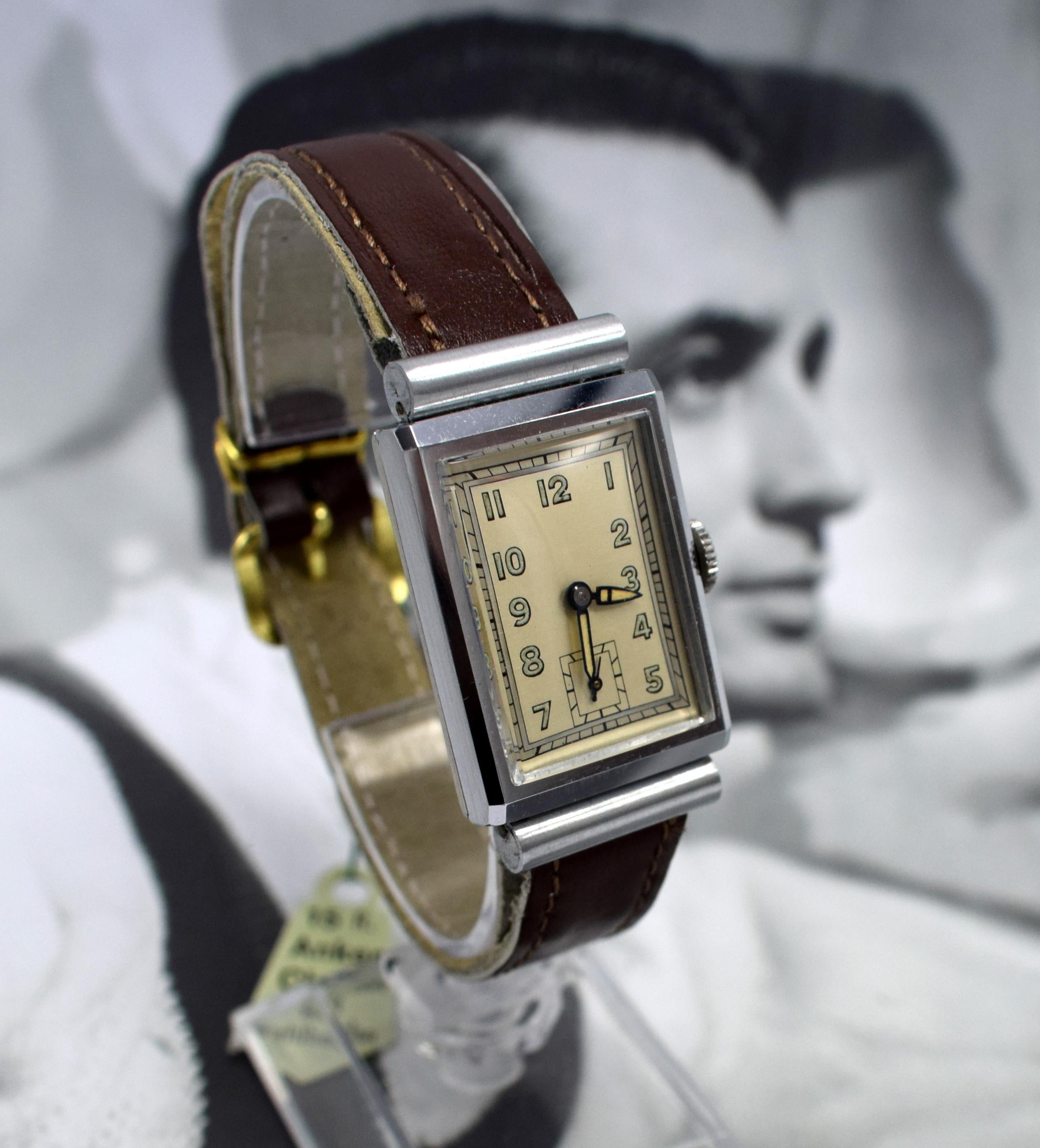 Art Deco Men’s Chrome Tank Manual Wristwatch, Never Used, Newly Serviced, 1930 In Excellent Condition In Westward ho, GB