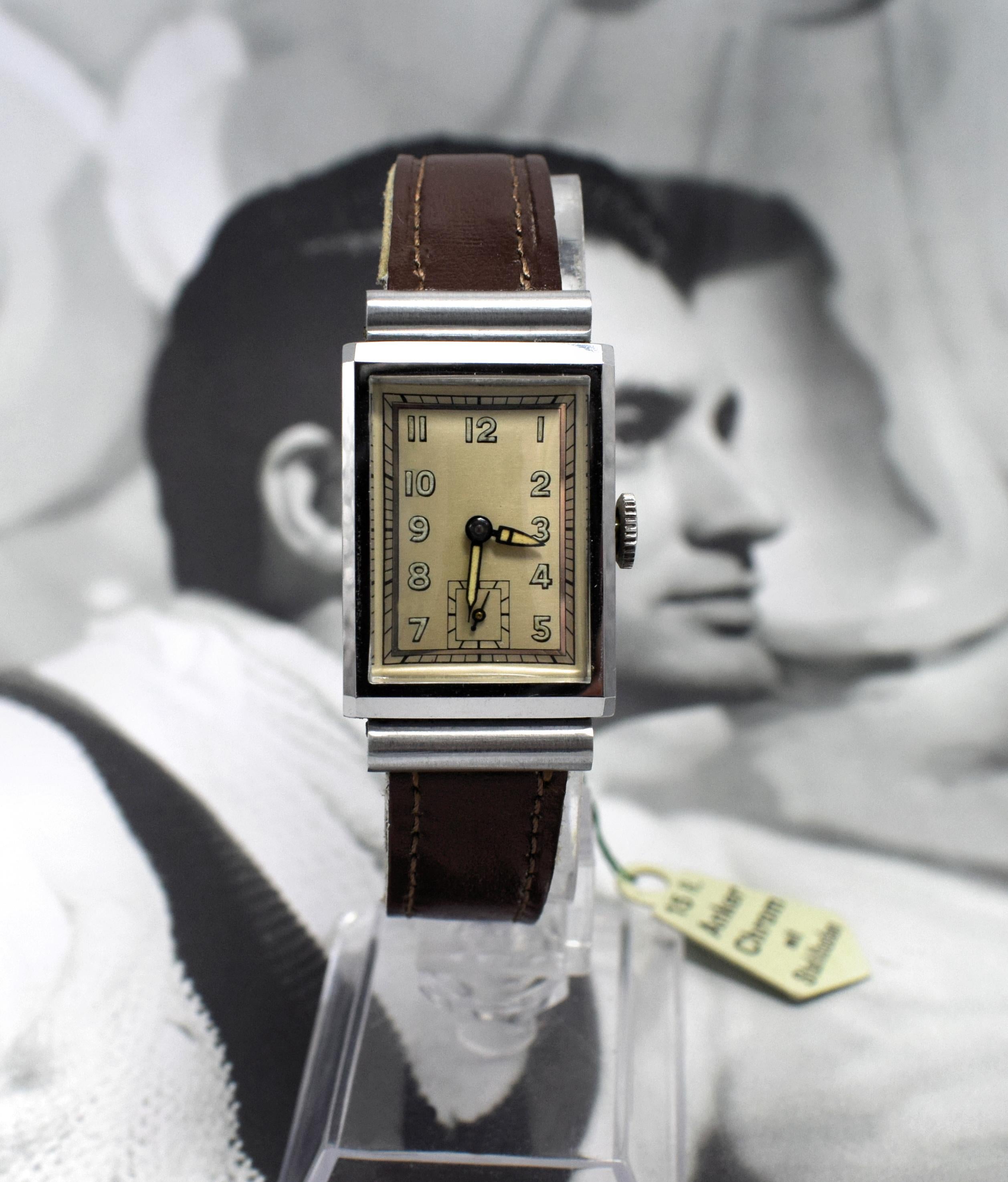 Art Deco Men’s Chrome Tank Manual Wristwatch, Never Used, Newly Serviced, 1930 1