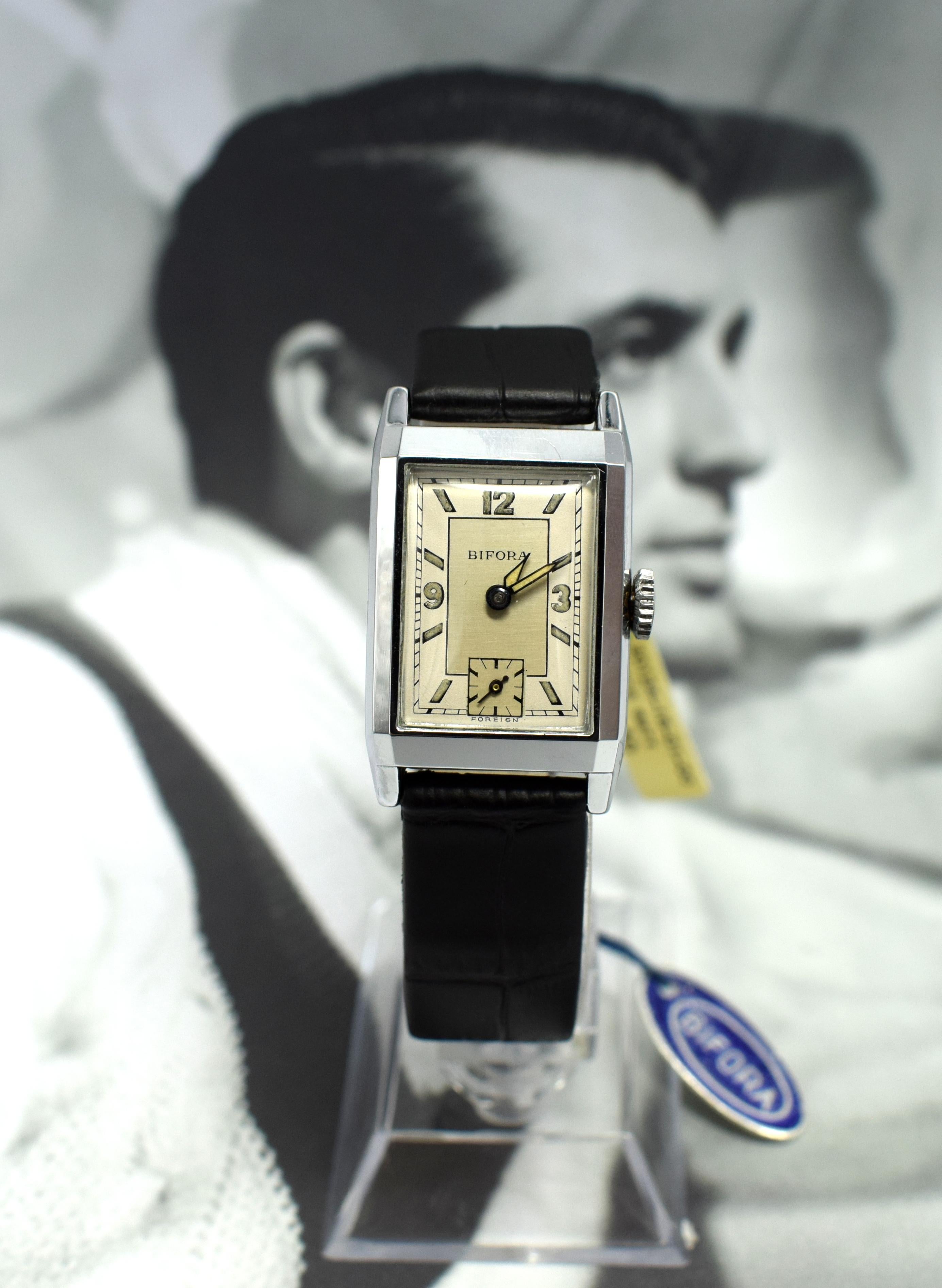 Art Deco Men’s Chrome Tank Manual Wristwatch, Never Used, Newly Serviced, 1930 2
