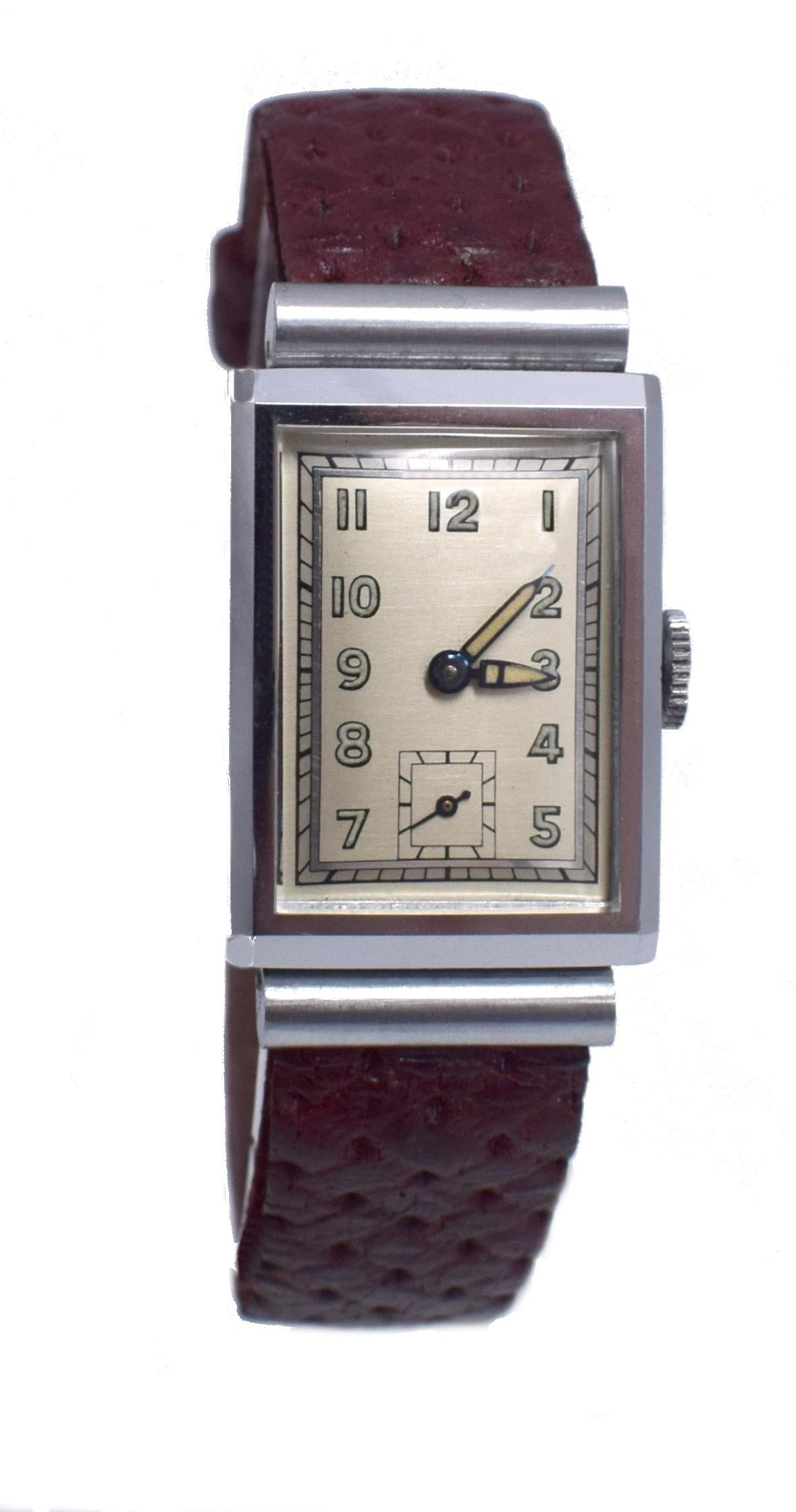 Art Deco Men’s Chrome Tank Manual Wristwatch, Never Used, Newly Serviced, 1930 3