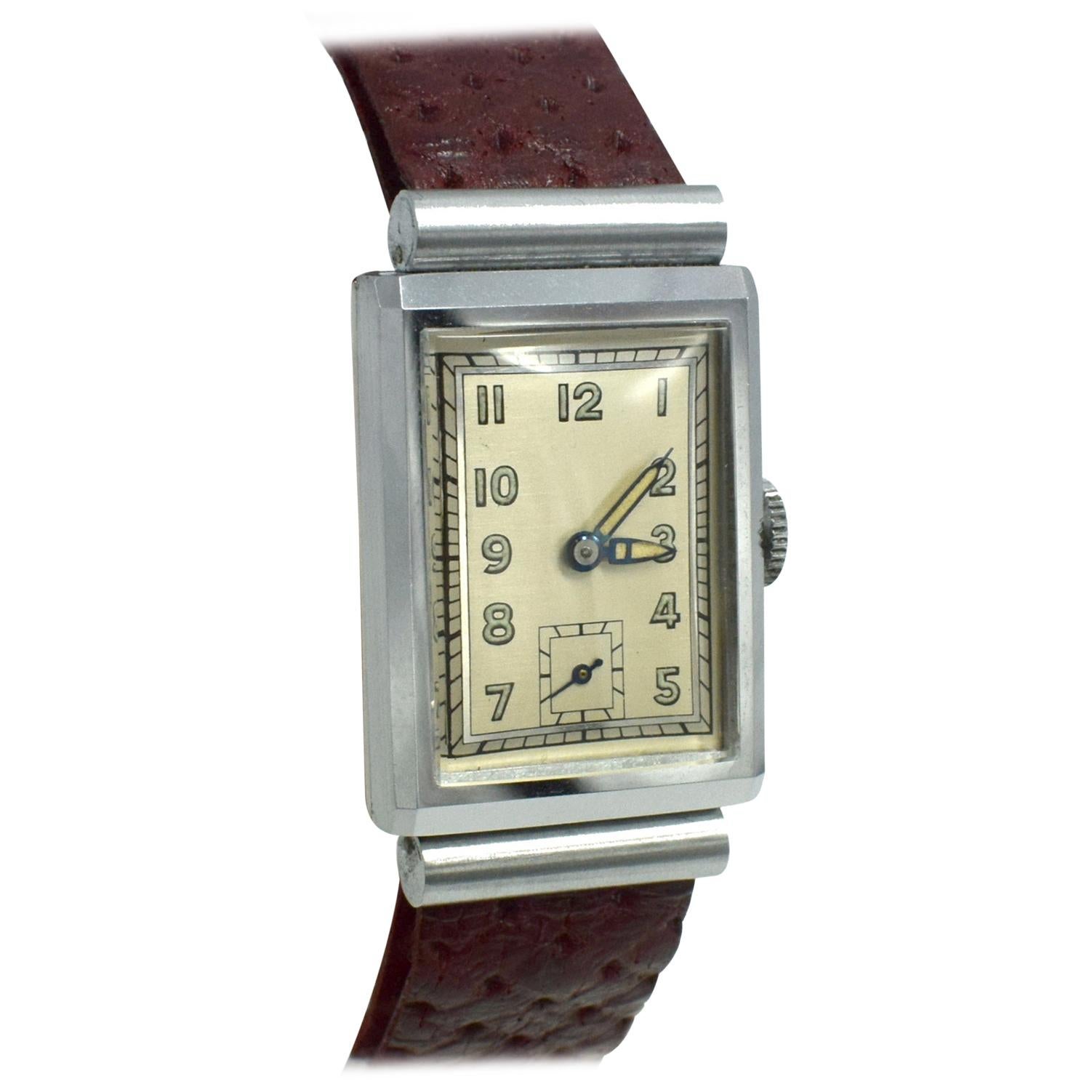 Art Deco Men’s Chrome Tank Manual Wristwatch, Never Used, Newly Serviced, 1930