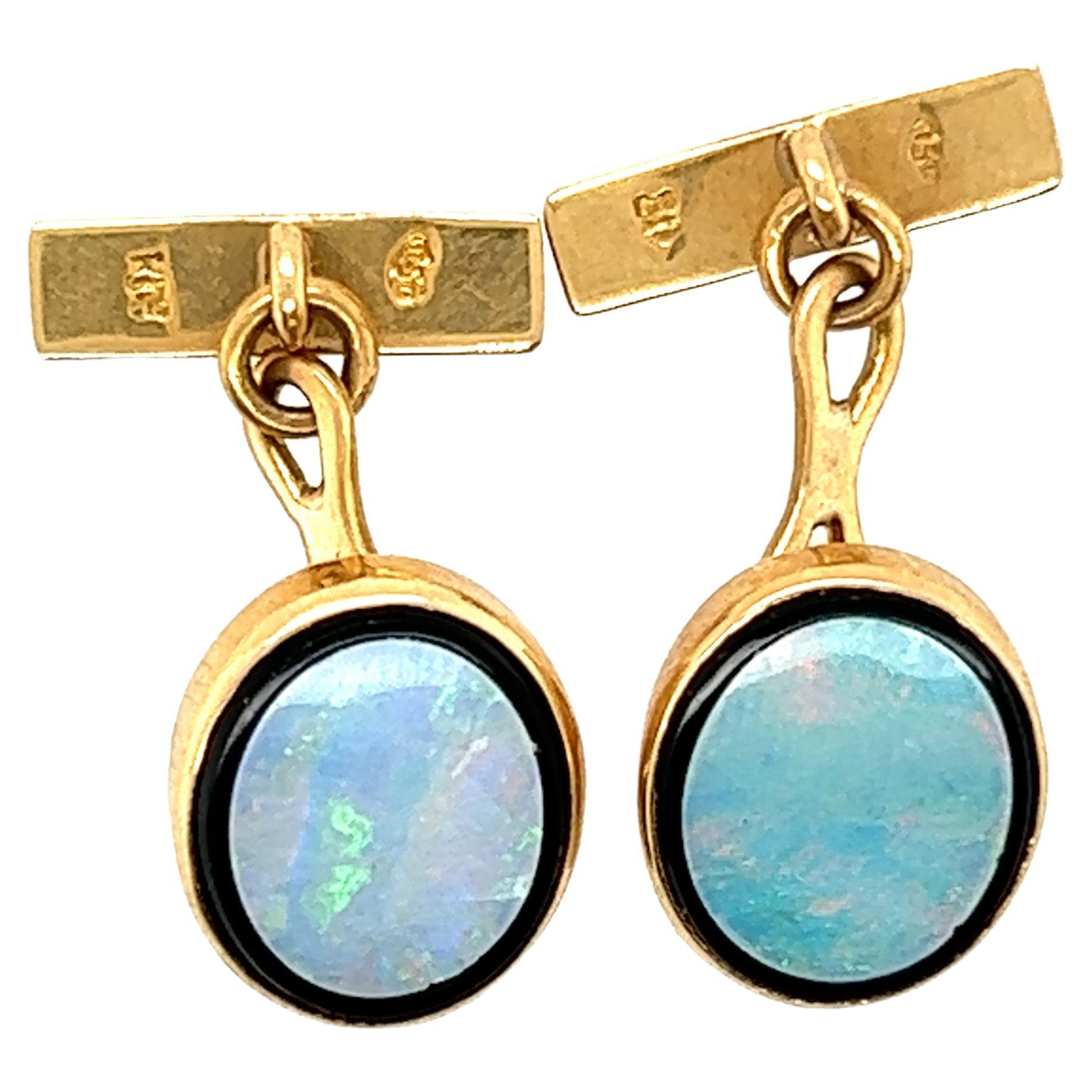 Boutons de manchette Art Déco en opale européenne et onyx 18 carats, originaux, pour hommes, années 1930-1940 en vente