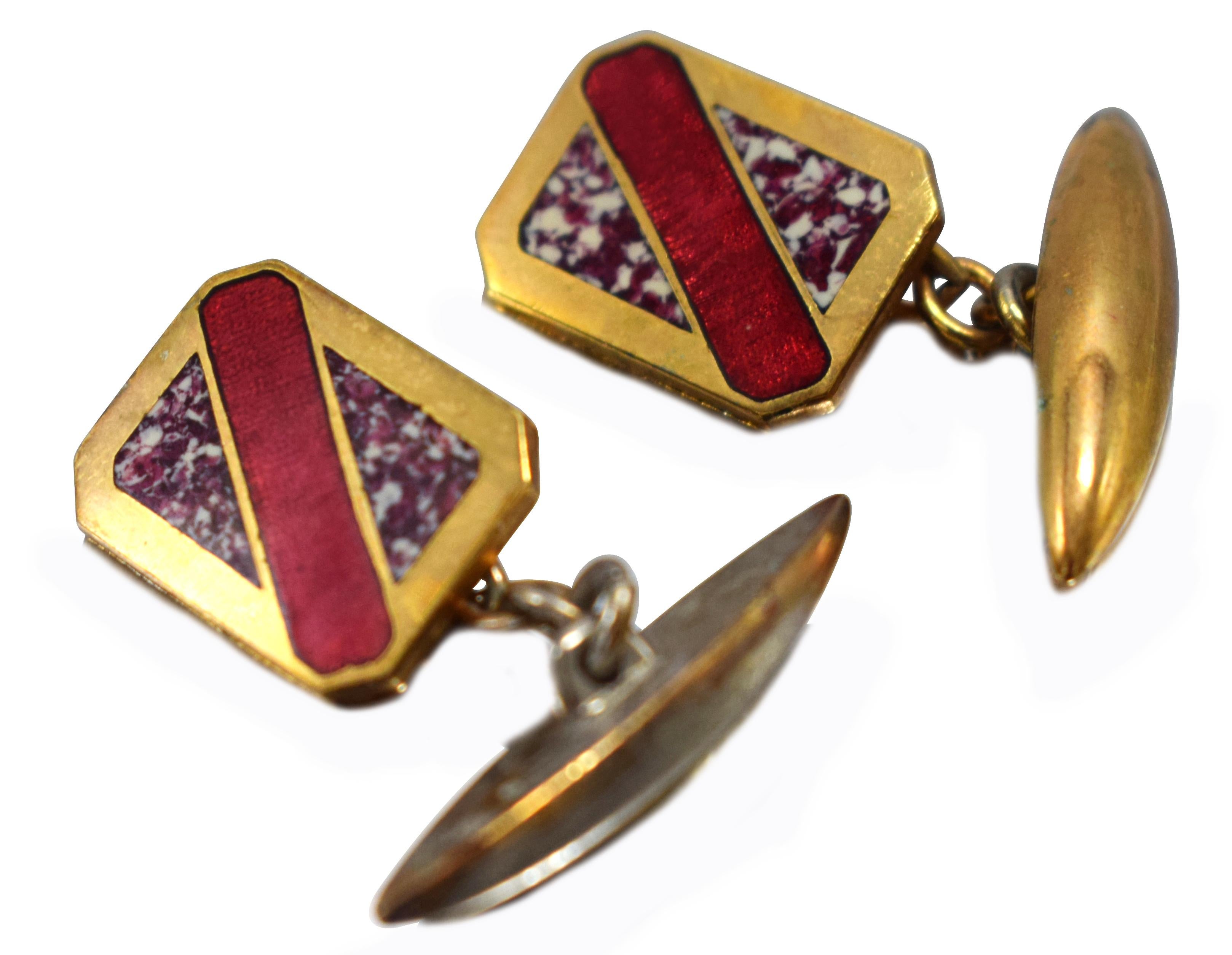 Great Art Deco geometric styling and colour, can't be confused with any other era can they? Condition is great with very mid signs of usage. Originating from England and ideal for any modern dapper gentleman. All of our cufflinks are sent out in a
