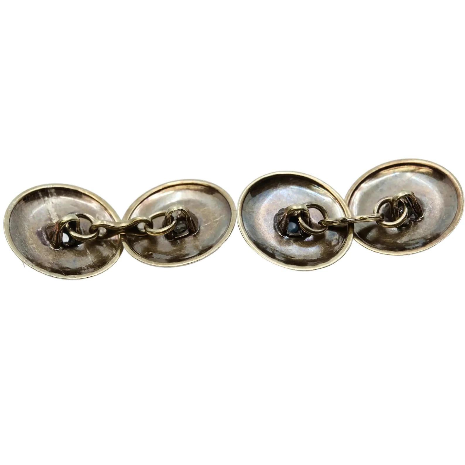 A pair of handmade mens night and day cufflinks in platinum atop 14 karat yellow gold. Designed with the belief that a gentleman should only wear diamonds after dark, these cufflinks are a great example of a late victorian tradition which carried