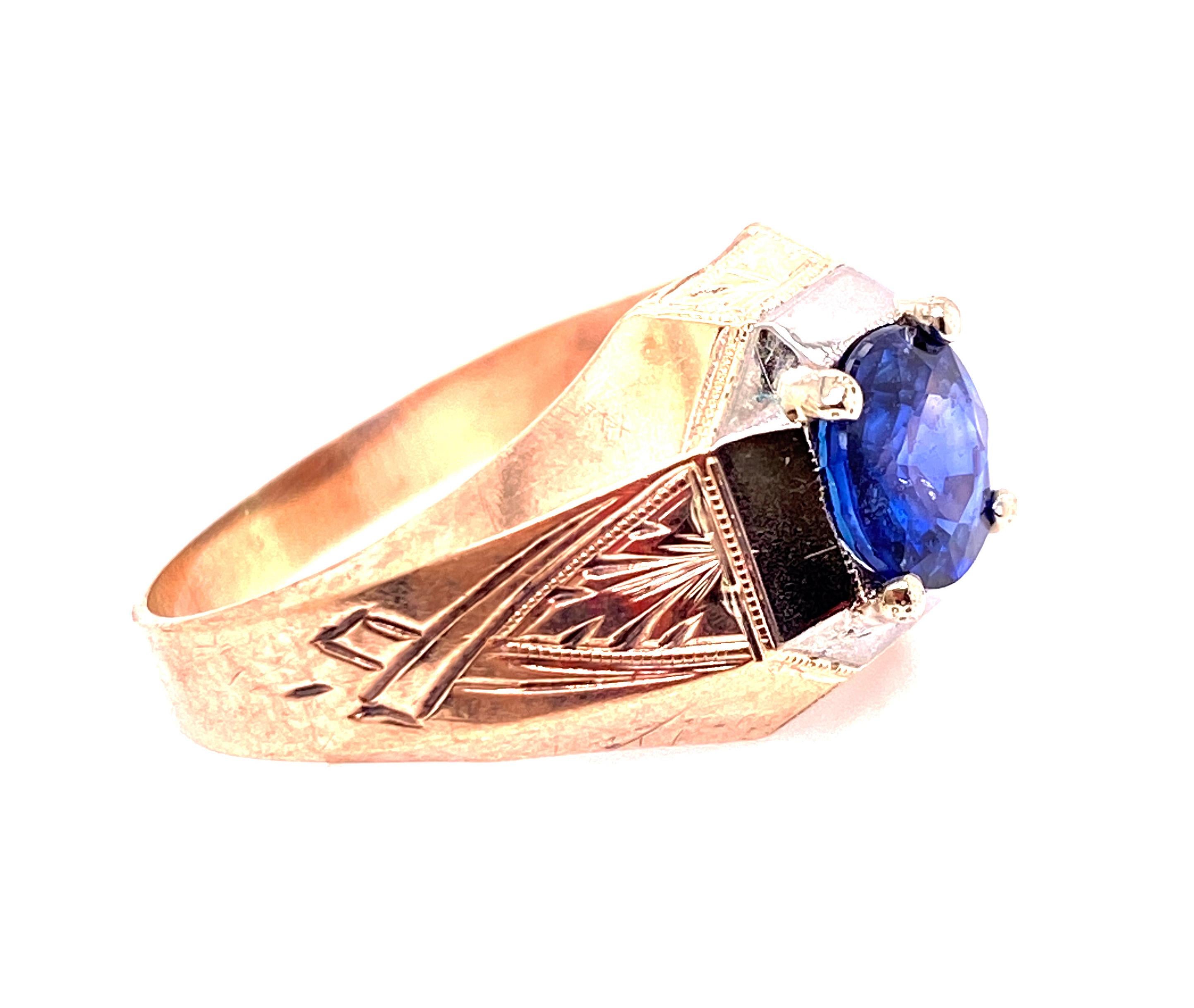 Round Cut Art Deco Mens Ring .95ct Round Natural Sapphire Original 1920's Antique Gold